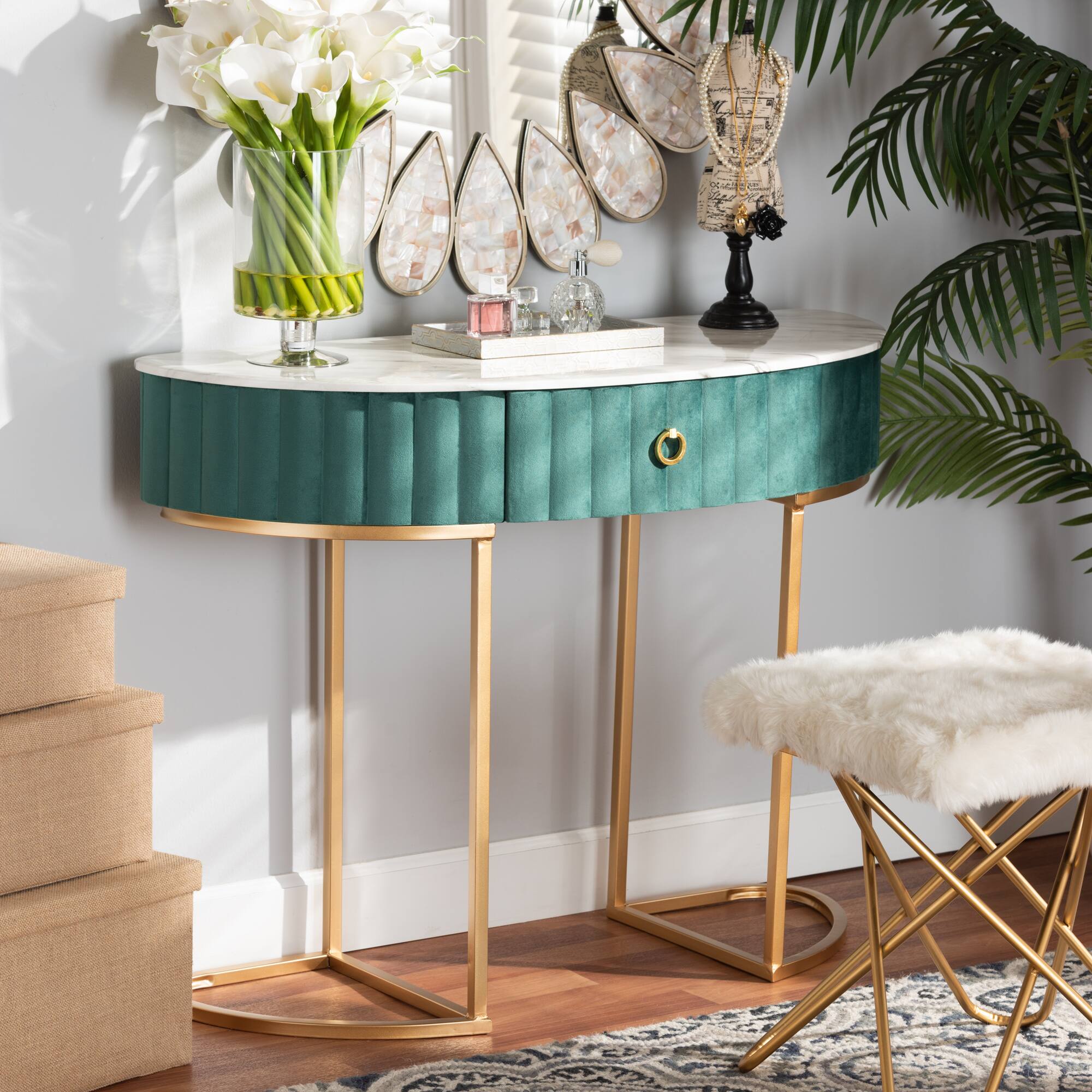 Alt View 4. Baxton Studio - Beale Luxe and Glam Velvet Upholsteand Brushed Finished 1-Drawer Console Table with Faux Marble Tabletop - Green/Gold.