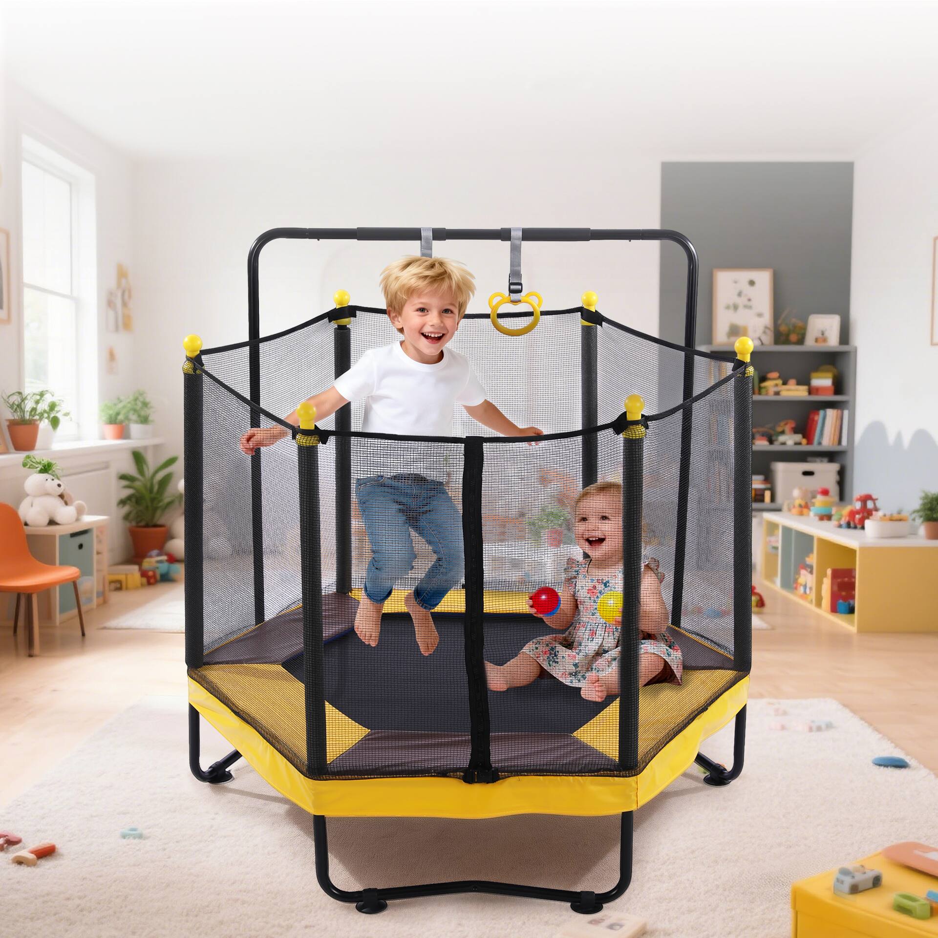 Alt View 1. Ecooso - 54" Kids Trampoline w/ Enclosure, Adjustable Gym Bar, Basketball Hoop, Rings, Boxing Bag, Ages 1-8 - Brown+Yellow.