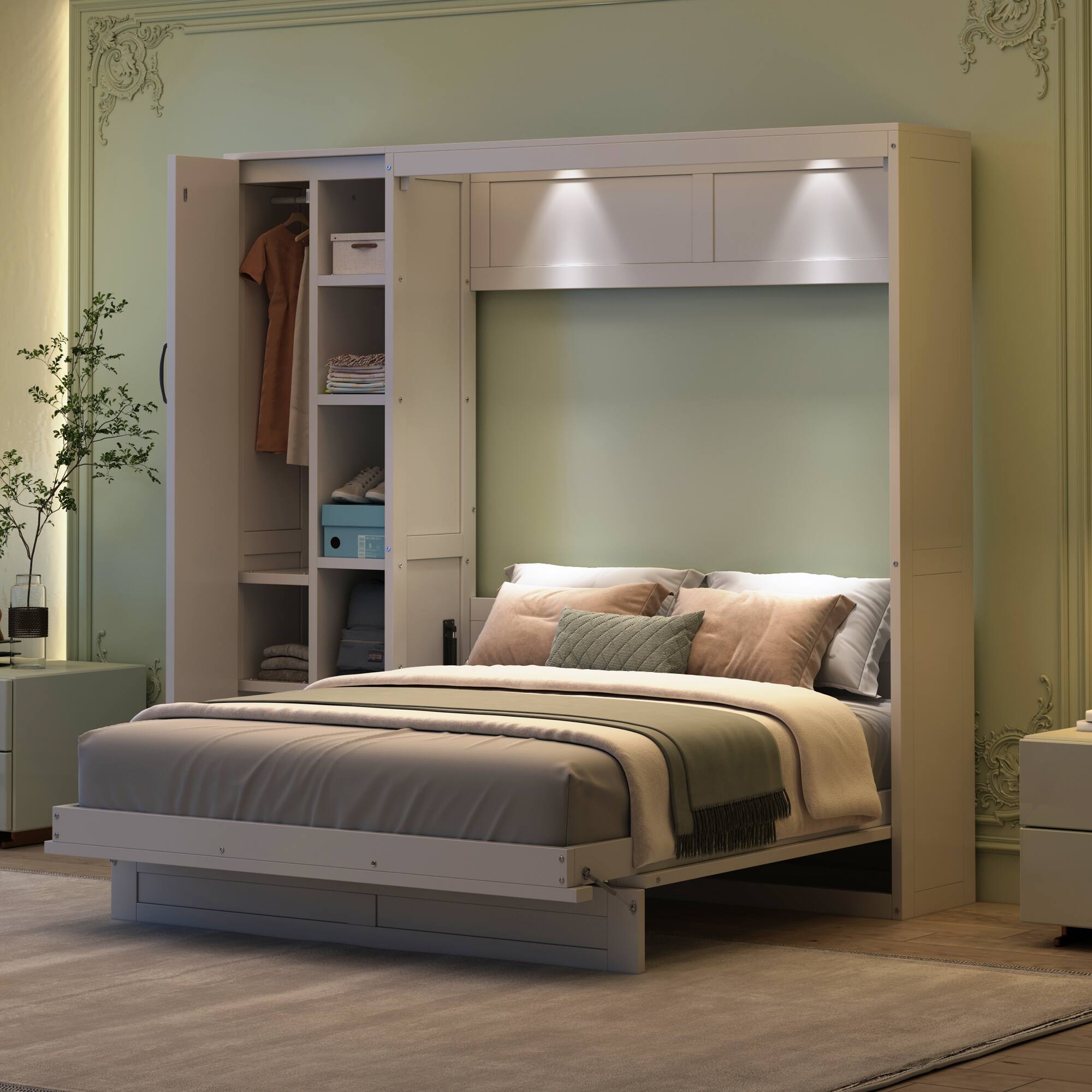 Left. Tiramisubest - Full Size Murphy Bed with Shelves, Wardrobe & LED Lights, White, 82" L x 16" W x 83" H, 262 lbs - White.