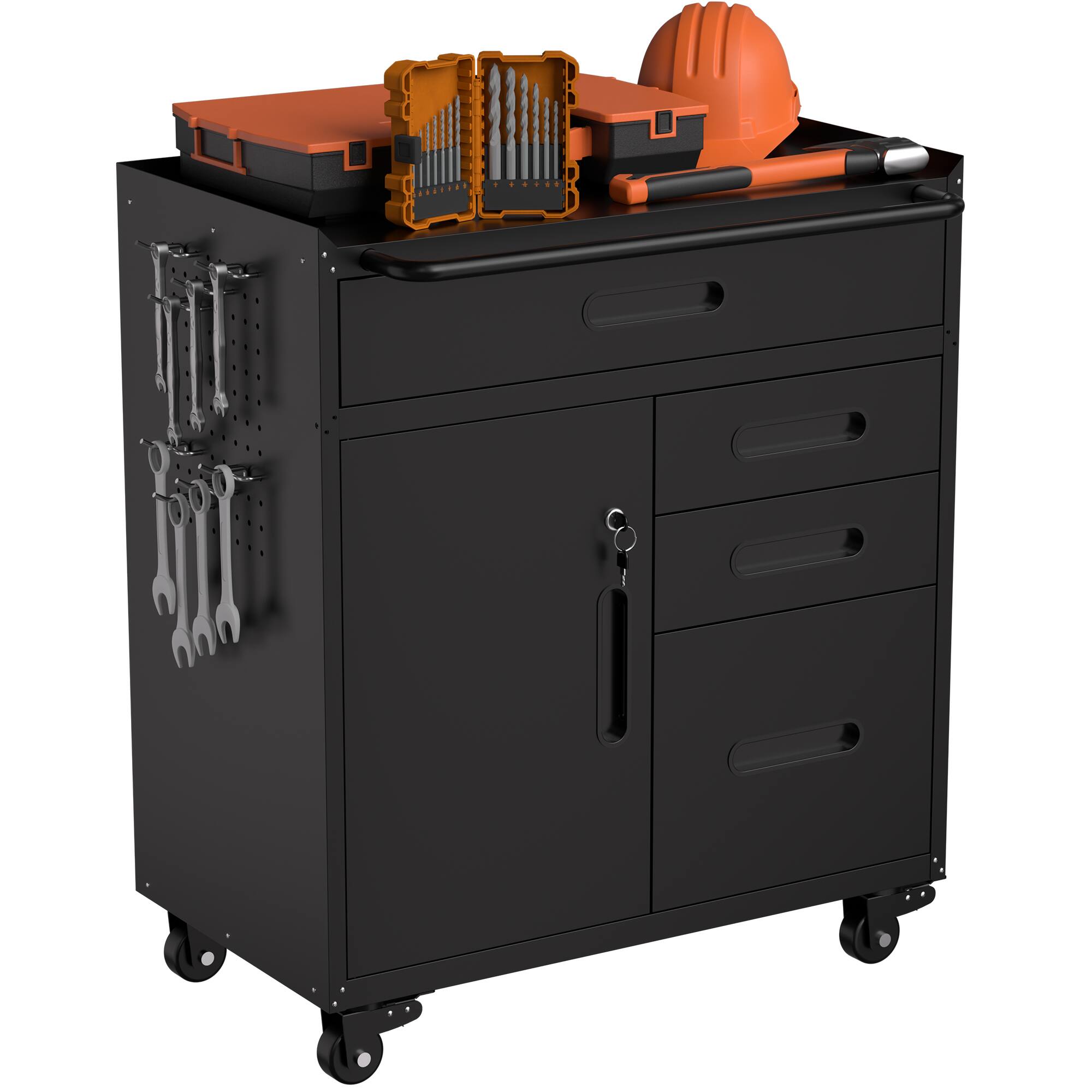 Back. LOVMOR - 34.3 inch Mobile Tool Storage Cabinet Garage Organizer with Lockable Compartment 4 Drawers Rolling Steel Chest.
