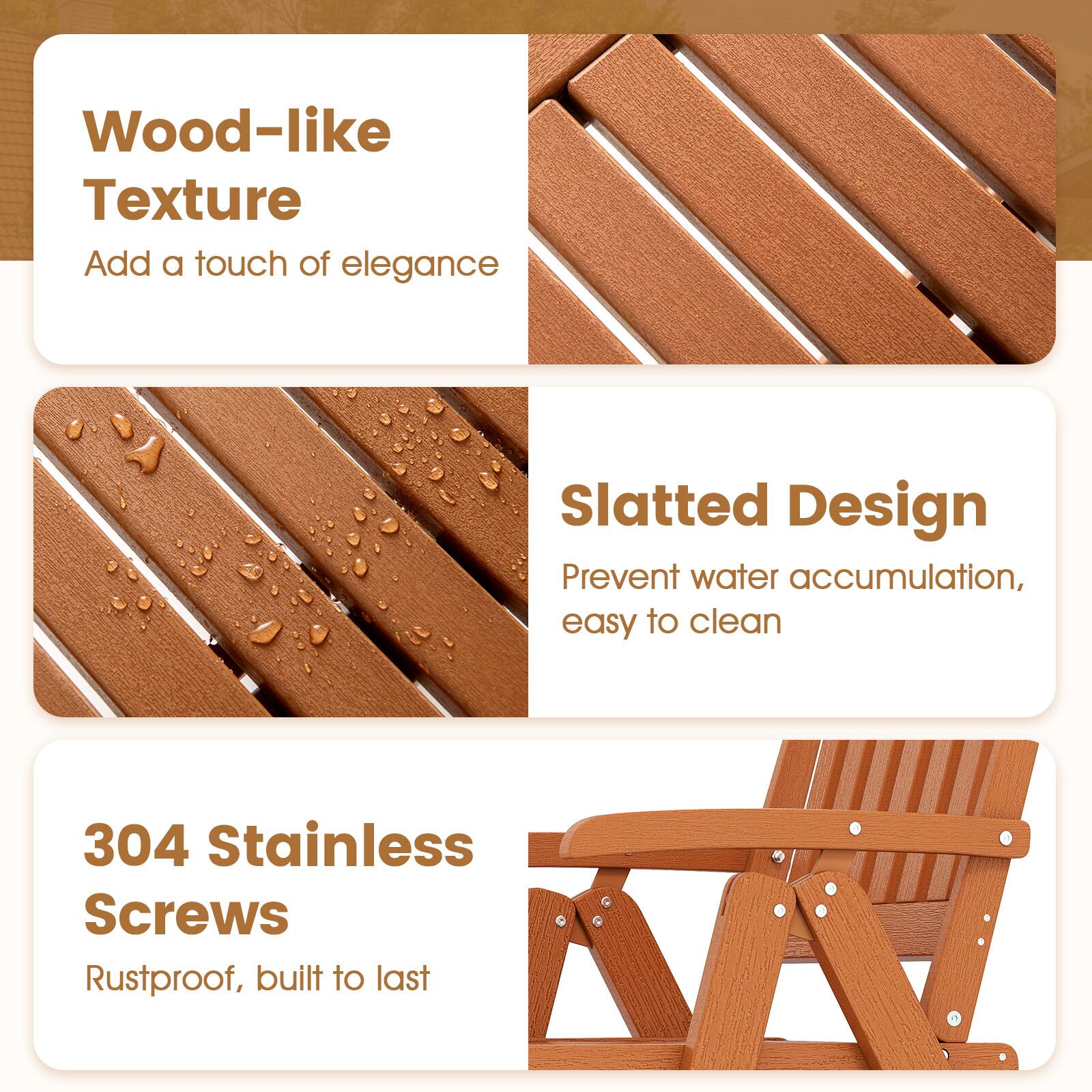Wood-like Texture  
Add a touch of elegance  

Slatted Design  
Prevent water accumulation, easy to clean  

304 Stainless Screws  
Rustproof, built to last