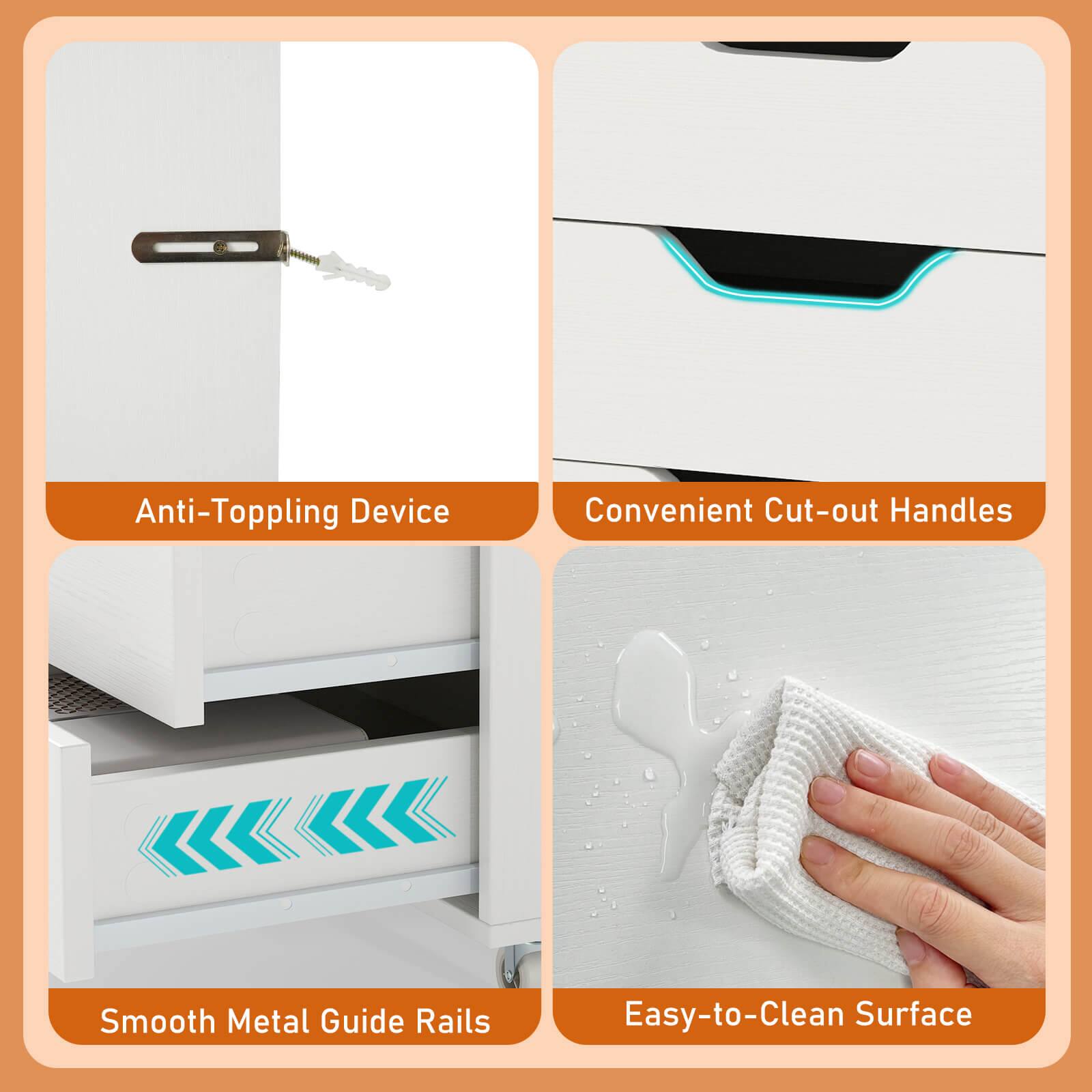 - Anti-Toppling Device
- Convenient Cut-out Handles
- Smooth Metal Guide Rails
- Easy-to-Clean Surface