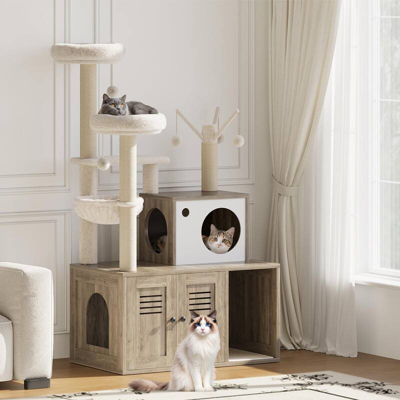 Alt View 4. GARVEE - Multi-Level Cat Tree w/Hidden Litter Box - 3-in-1 Tower w/Condo, Hammock & Scratching Posts, Odor-Control Design - Gray.