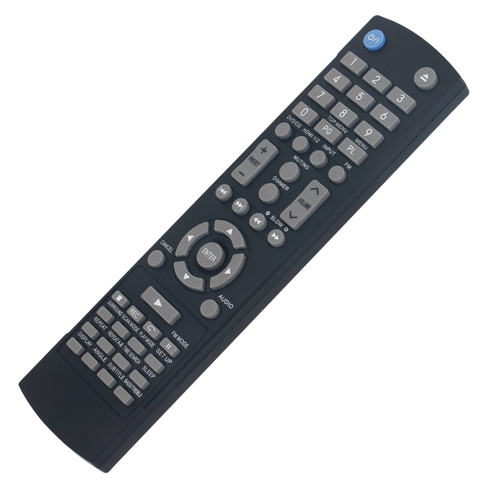 Sure, here is the corrected and grouped text from the image:

- CANCEL
- 1 2 3 4 5 6 7 8 9 0
- DVD/CD TOP HDMI PG OP MENU
- 9 1/2 + INPUT PL MENU PRESET MUTING FM
- H4 DIMMER
- A VOLUME
- 44 SLOW
- ENTER
- SURROUND REC REPEAT 300MMAE DISPLAY REPEAT A-B PLAY
- 4-8 MODE II MODE ANGLE TIME SEARCH SET UP
- SUBTITLE TITLE SLEEP BASS TREBLE
- AUDIO

- PRESET
- DIMMER
- VOLUME
- SLOW
- ENTER
- AUDIO
- SURROUND
- REC
- REPEAT
- REPEAT A-B TIME SEARCH
- DISPLAY
- ANGLE
- SUBTITLE
- SLEEP
- BASS TREBLE