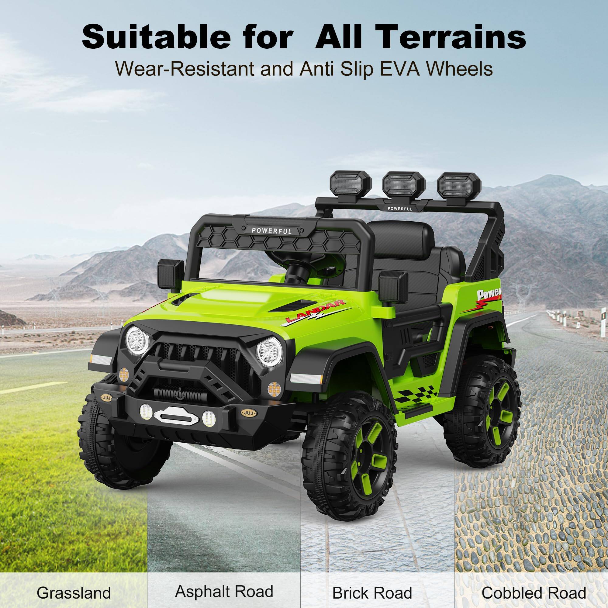 Suitable for All Terrains  
Wear-Resistant and Anti Slip EVA Wheels  

Grassland  
Asphalt Road  
Brick Road  
Cobbled Road