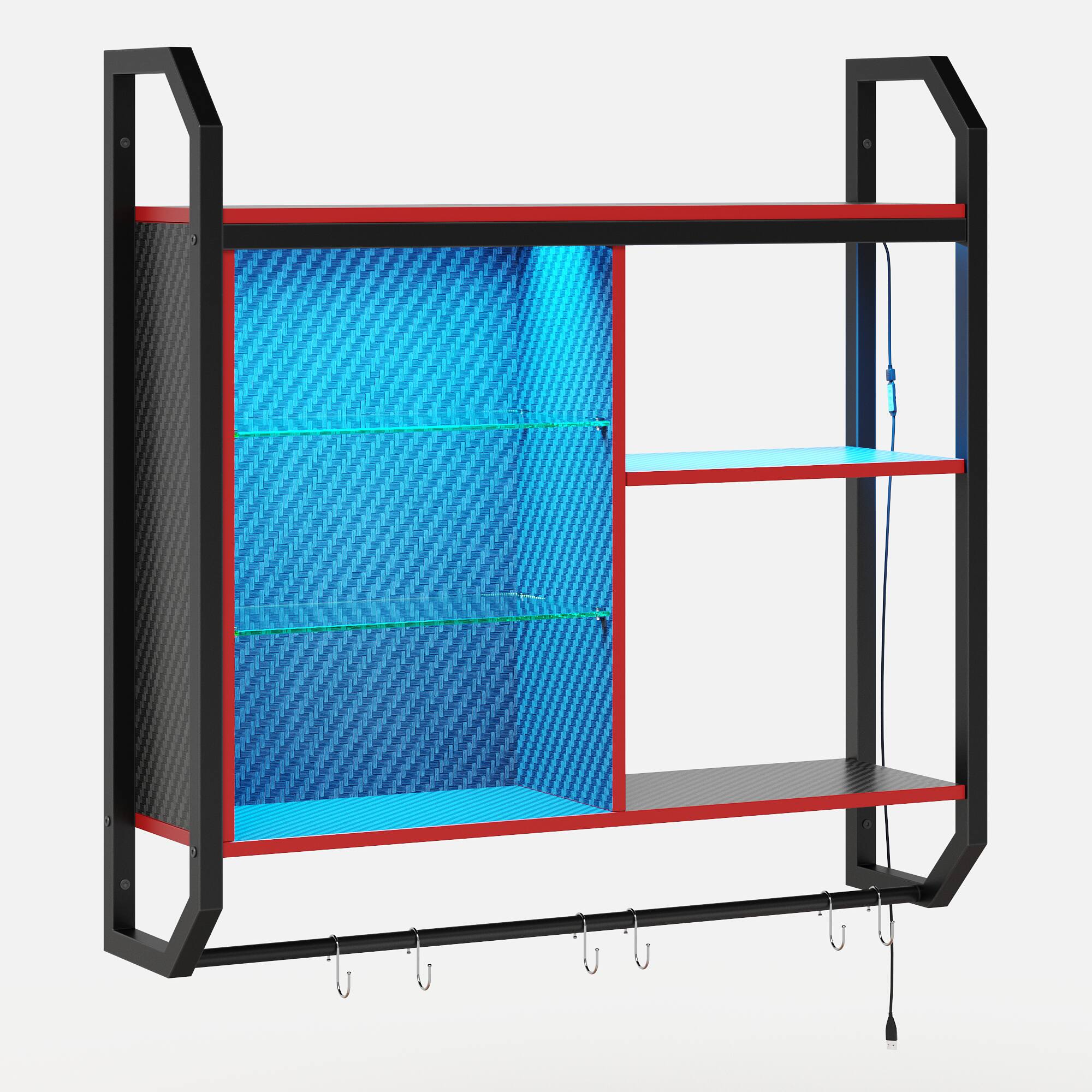 Angle. Bestier - RGB LED Wall Shelf,22 Light Modes 7 Colors,Tempered Glass Shelf for Consoles,Collectibles and Bar - red.