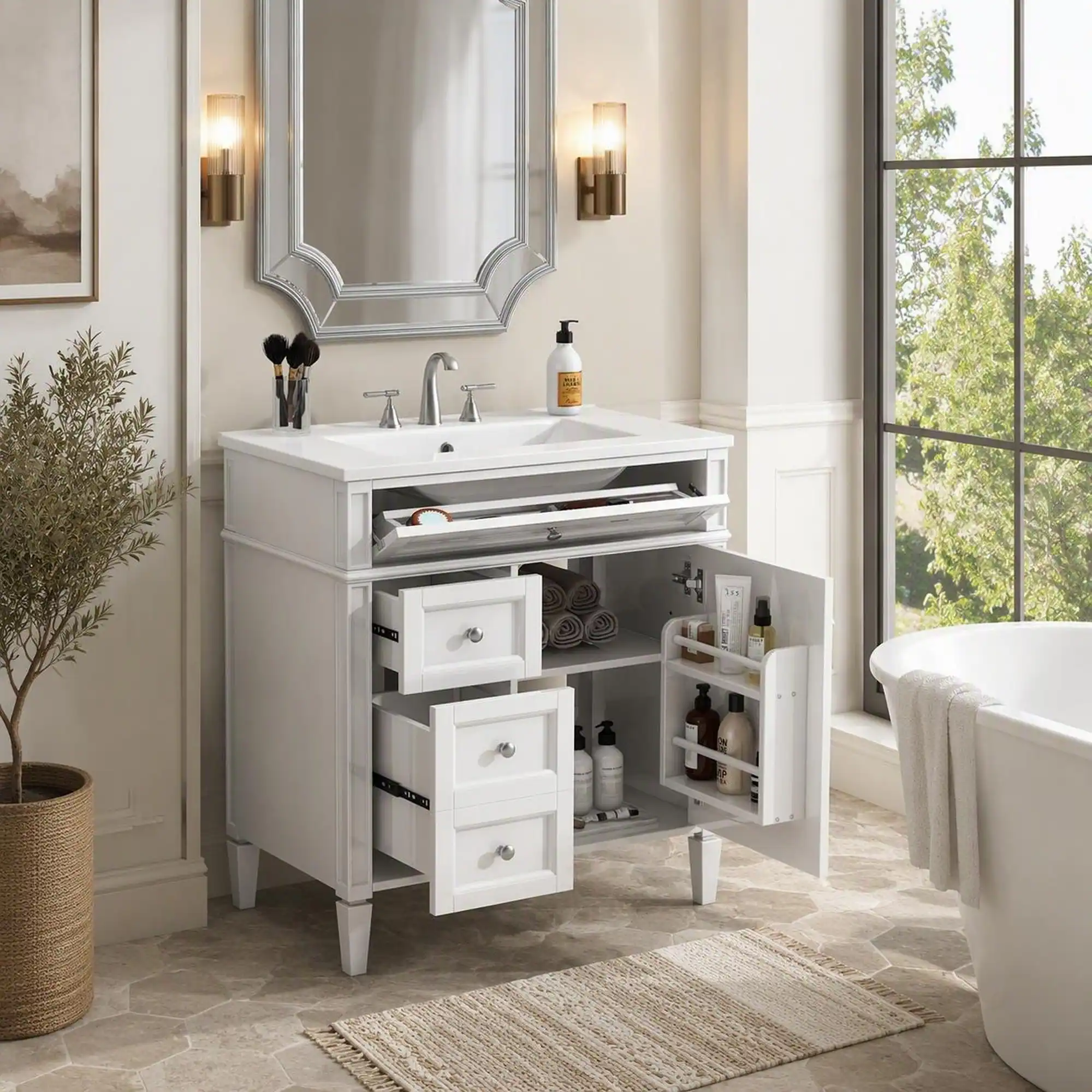 RYHNUYNE 30 Inch Freestanding Bathroom Vanity with Ceramic Sink, 2 ...