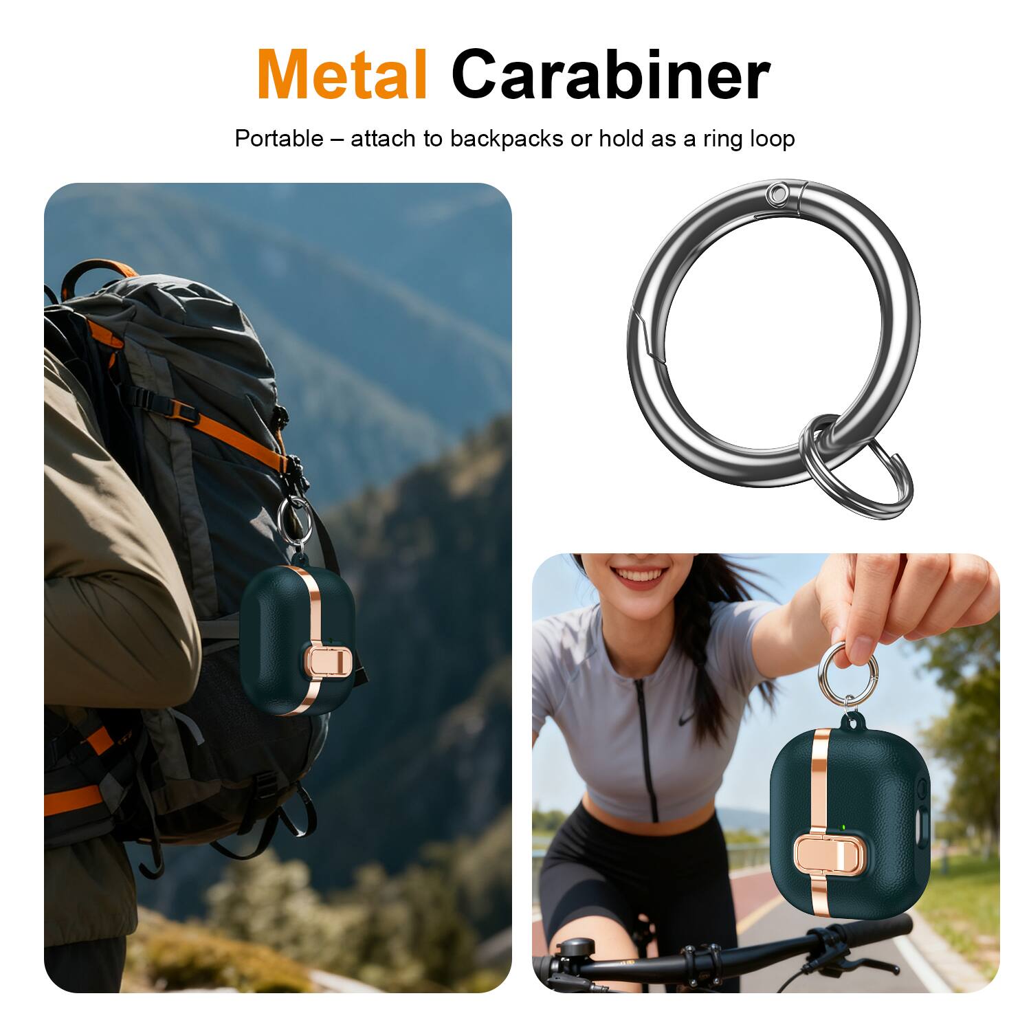 Metal Carabiner  
Portable – attach to backpacks or hold as a ring loop