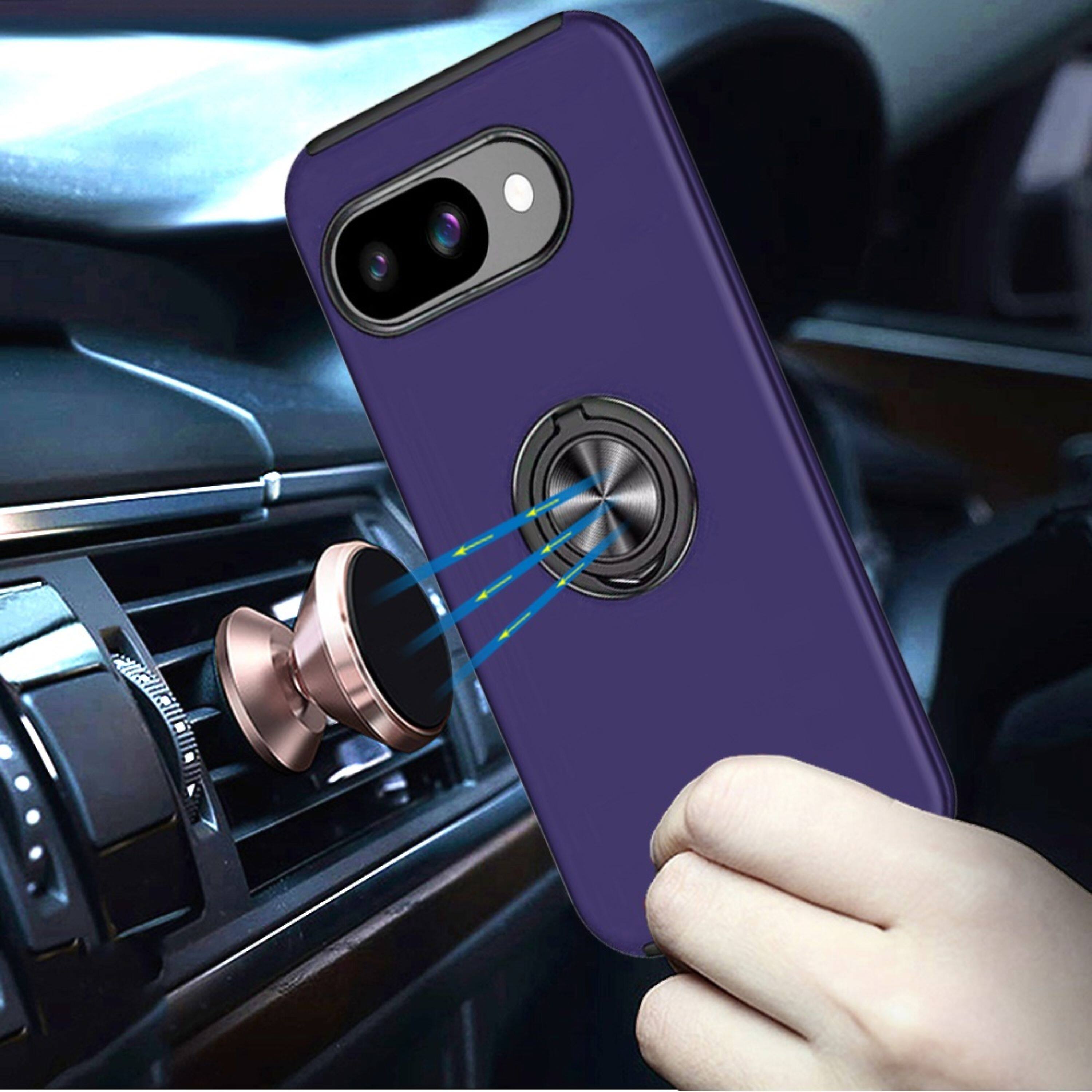 Angle. Kitcheniva - Rubber Dual Layer Phone Case Magnetic Ring Stand With Tempered Glass For Google Pixel 10a Dark Purple - Dark Purple.