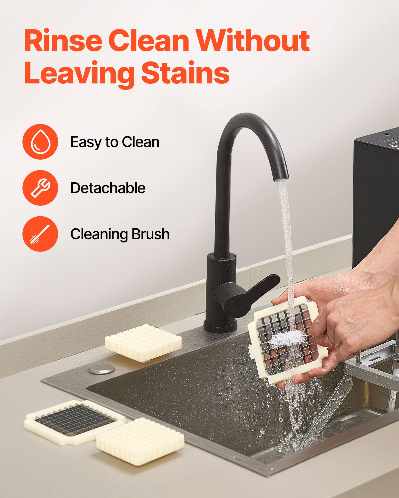 Rinse Clean Without Leaving Stains

- Easy to Clean
- Detachable
- Cleaning Brush