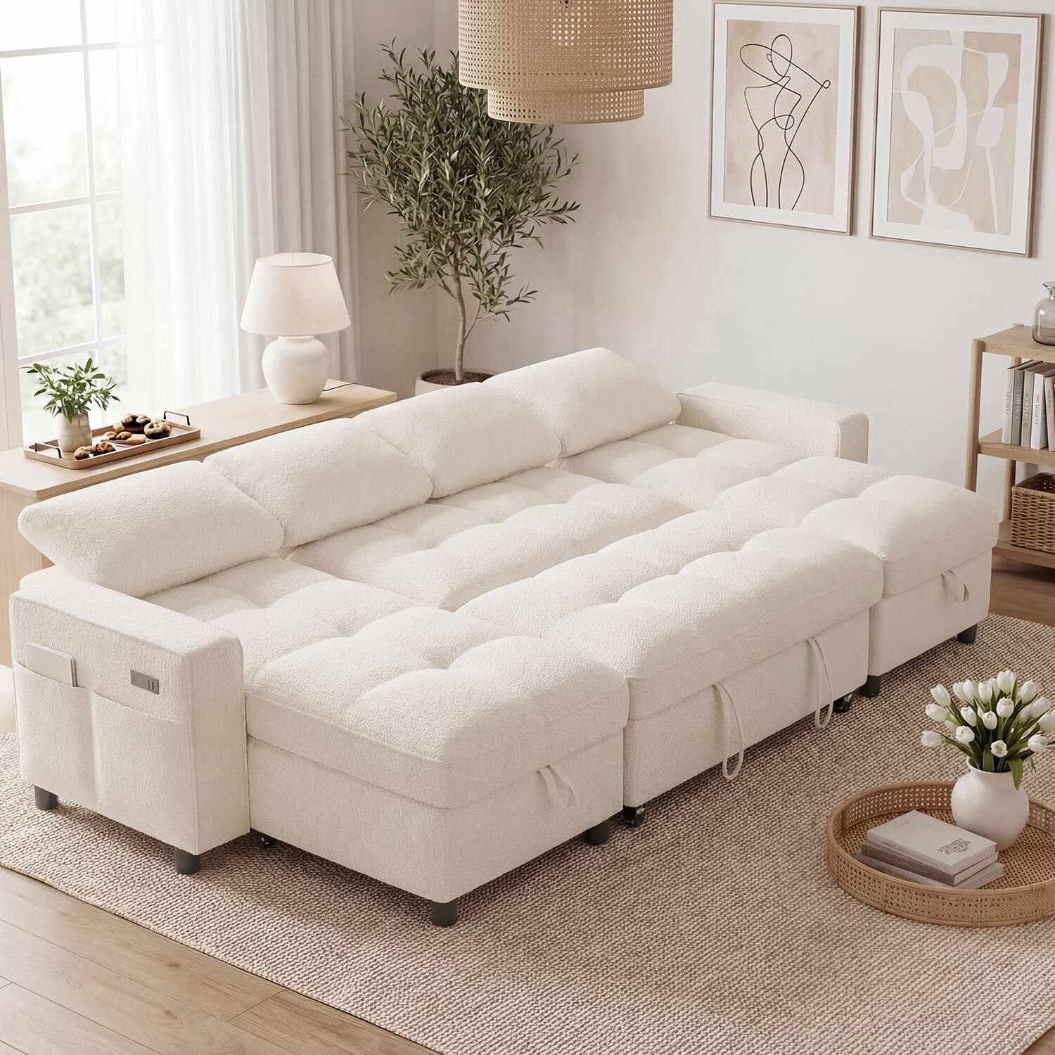 Angle. Dyonery - Dyonery 104" U-Shaped Sleeper Sofa Bed with Pull-Out, Storage Chaise, 5-Position Backrest & USB Ports, Chenille Beige - Chenille + Beige.