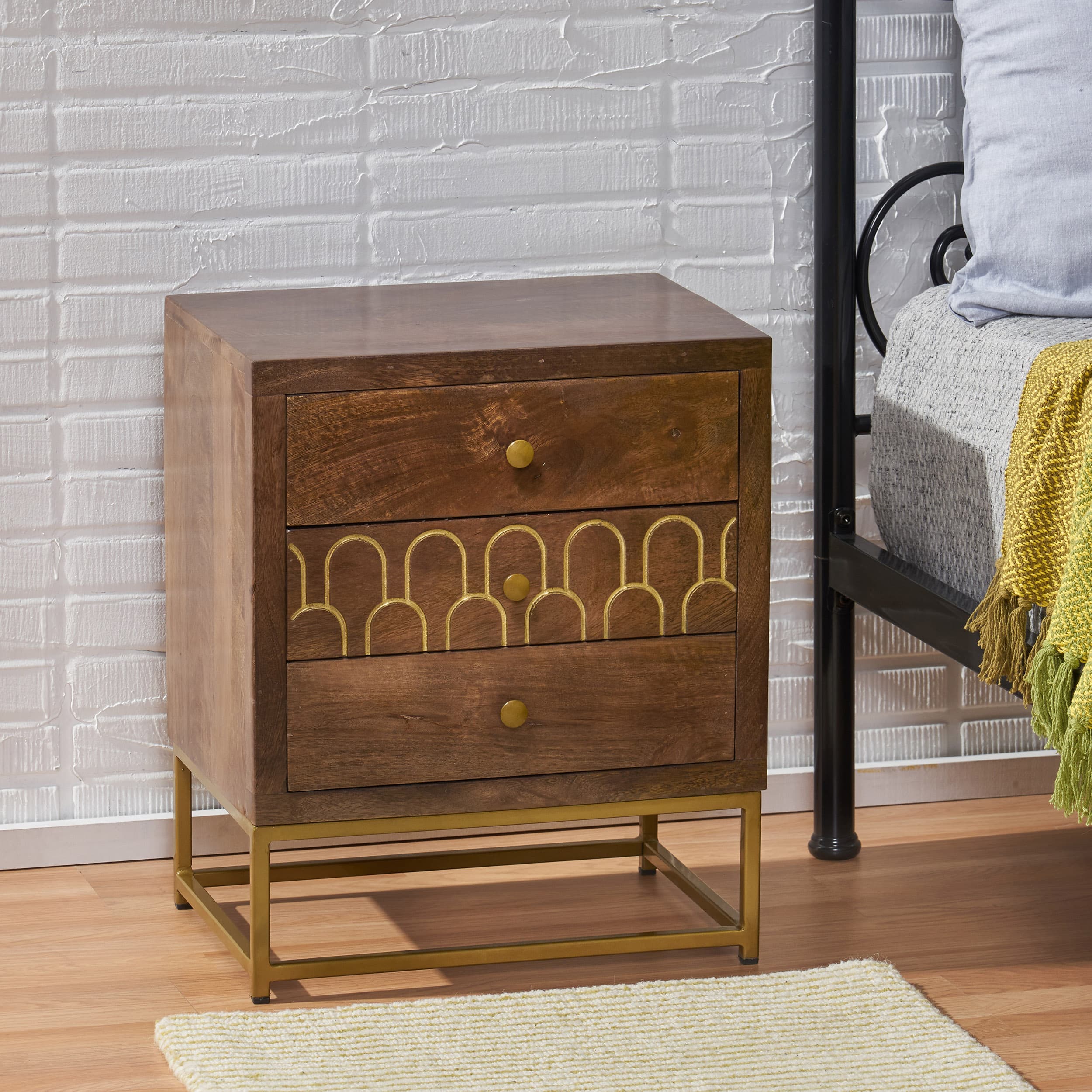 Whisen - 3-Drawer Mango Wood Nightstand,Mid-Century Modern Side Table with Gold Fish Scale Accents - Walnut