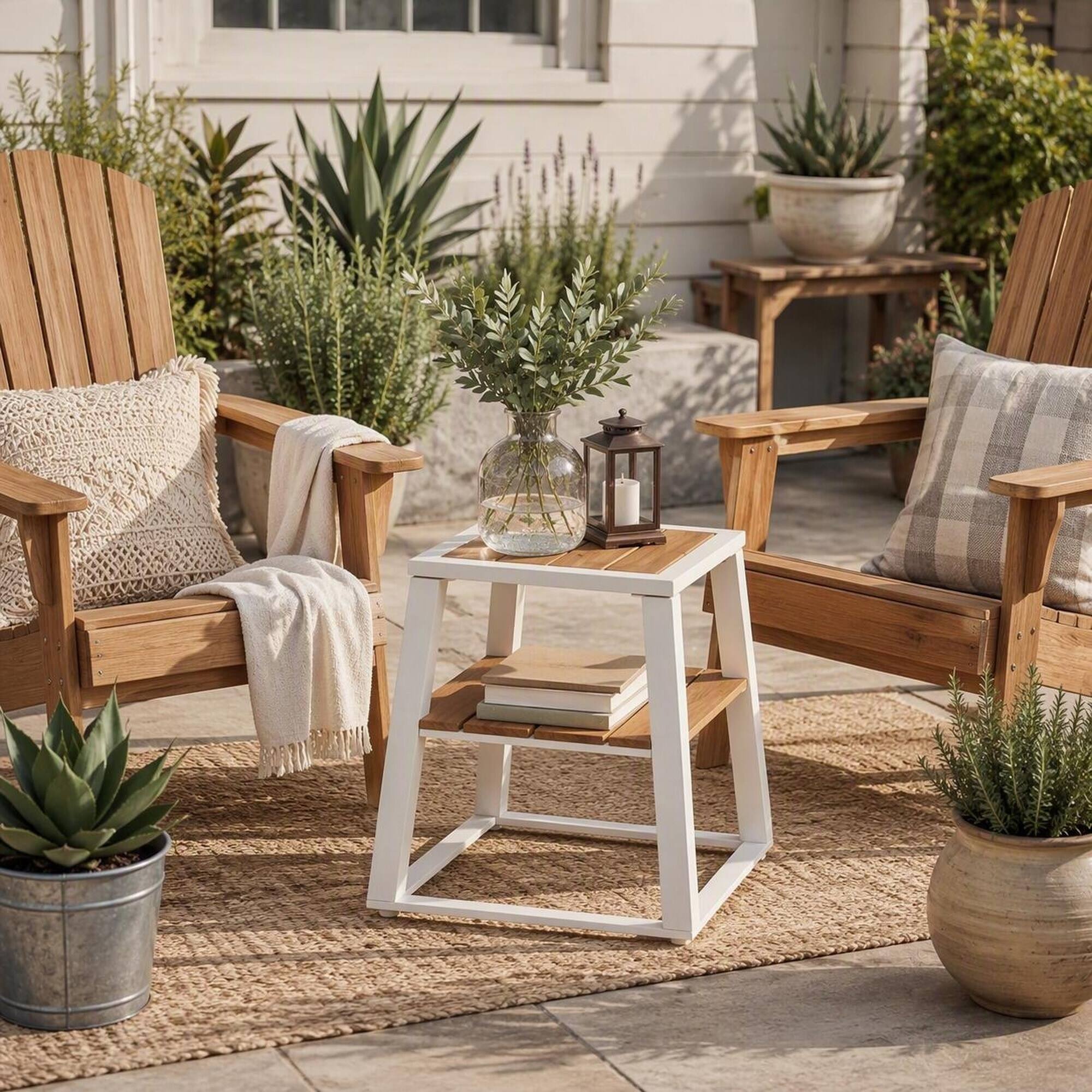 Left. RYHNUYNE - 2-Tier Acacia Wood Outdoor Side Table With White Iron Frame, Weather-Resistant Patio End Table With Storage Shelf - White.