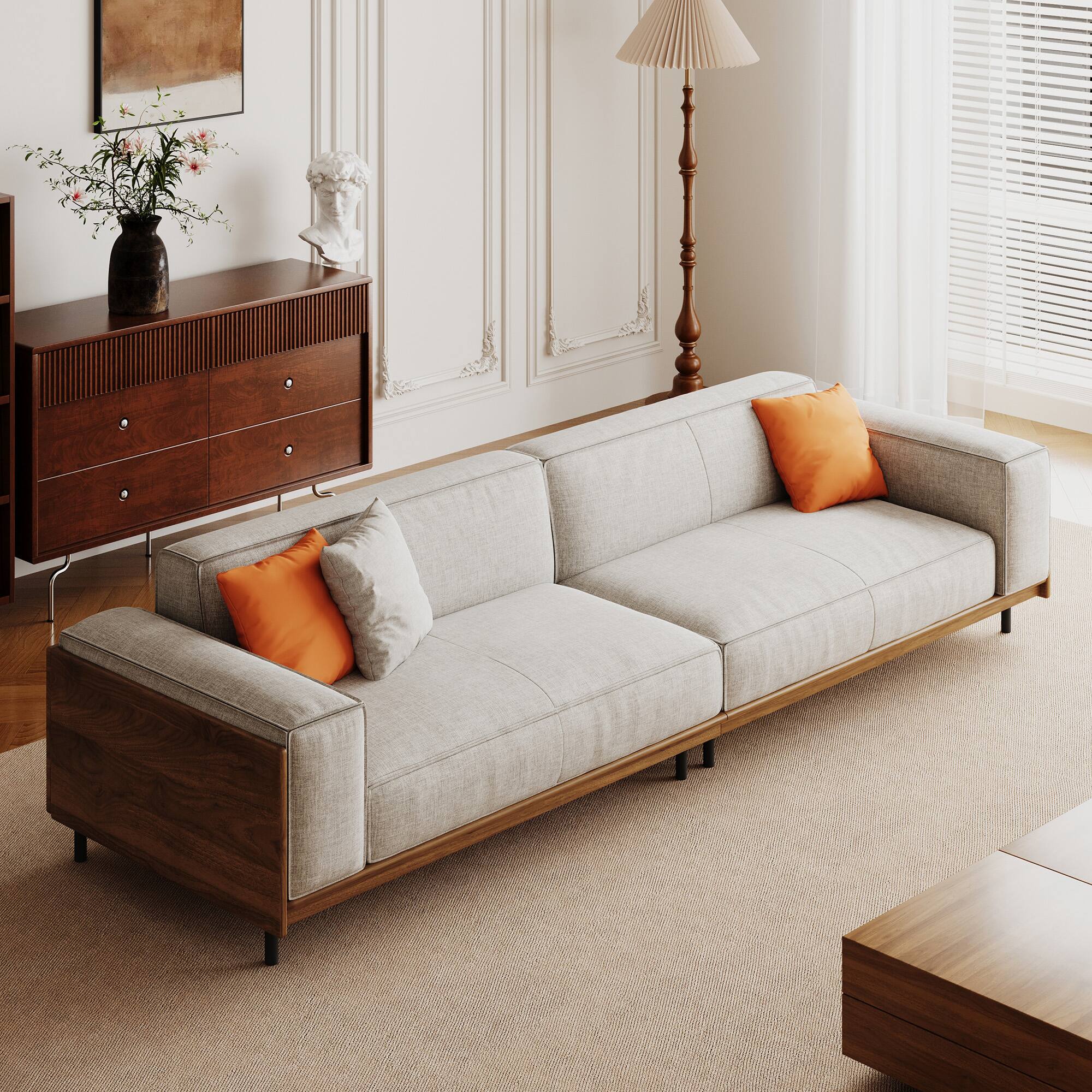 Angle. luck idea - 111.81" Cotton-Linen Sofa, High-End Vintage Sofa, Sturdy Frame, Comfortable Seating, Four-Seater - Gray.