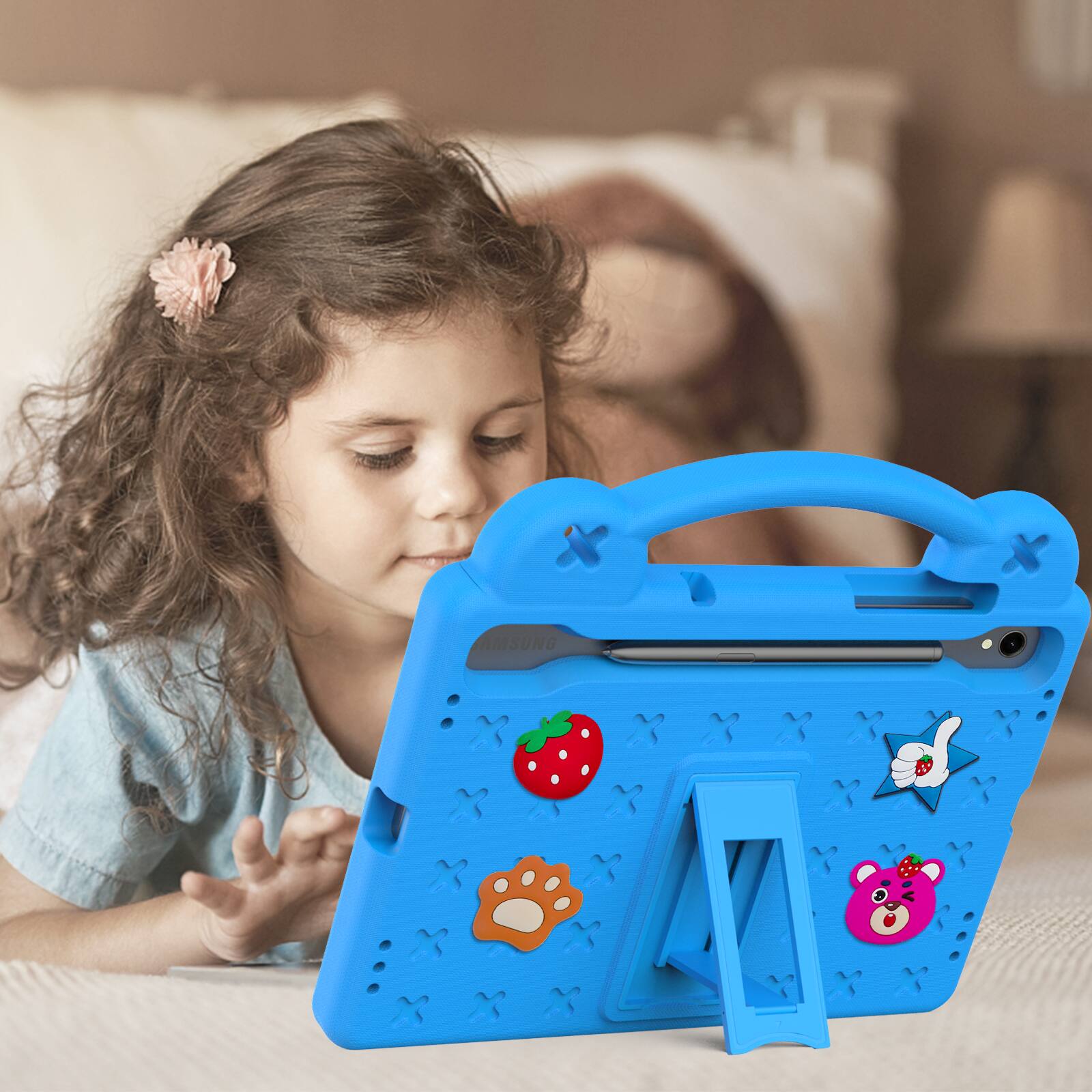 Alt View 2. Dteck - For Samsung Galaxy Tab S9 FE/S9/S8/S7 Cute Cartoon Kid Case Built-in Kickstand Handle Grip Shockproof Cover - Blue.