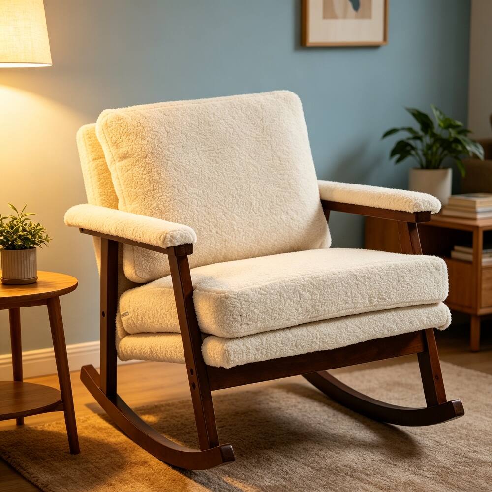 Angle. Loheer - Loheer Mid Century Modern Accent Chair Solid Wood Rocking Chair Upholstered Reading Armchair for Bedroom Sunroom White - White.