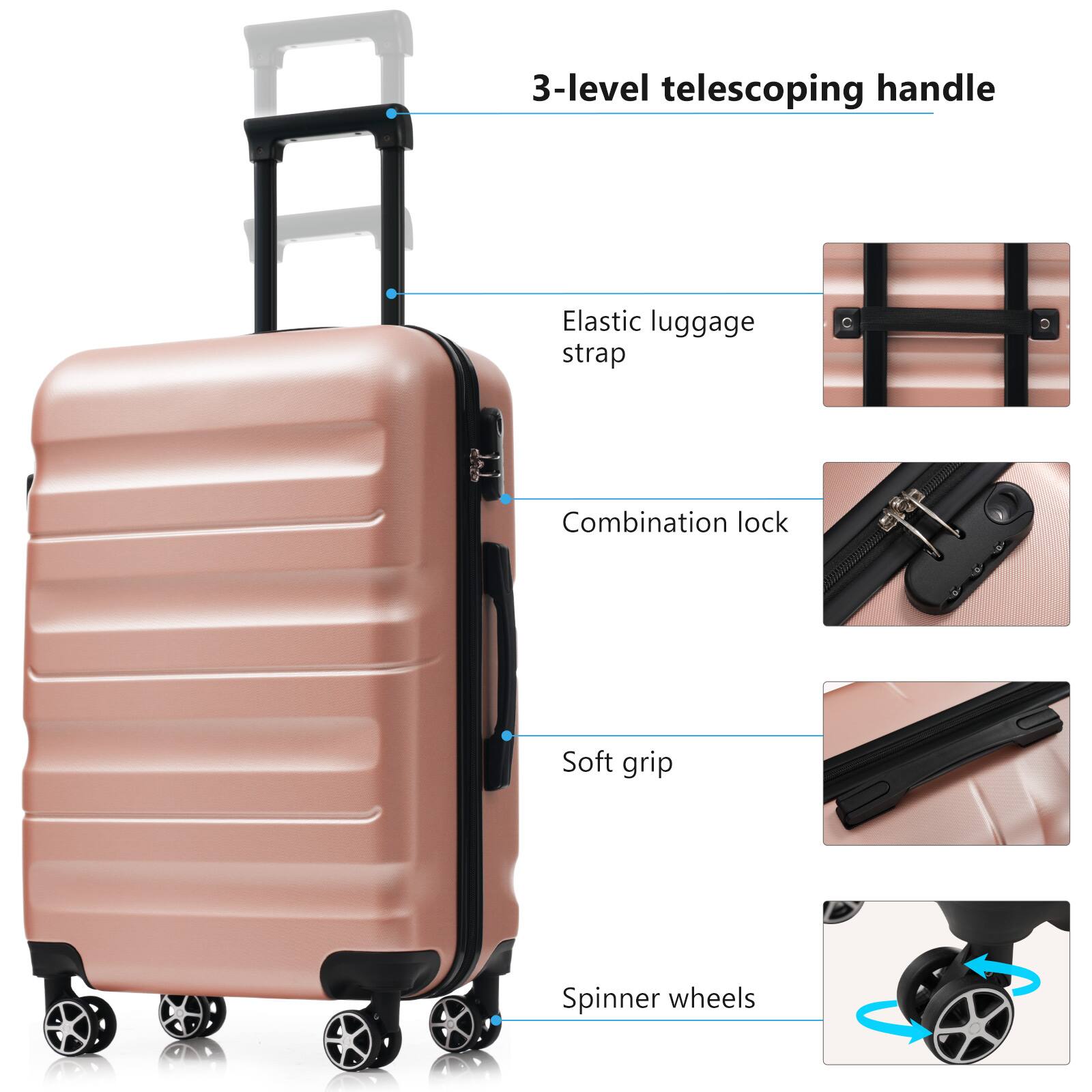 3-level telescoping handle  
Elastic luggage strap  
Combination lock  
Soft grip  
Spinner wheels