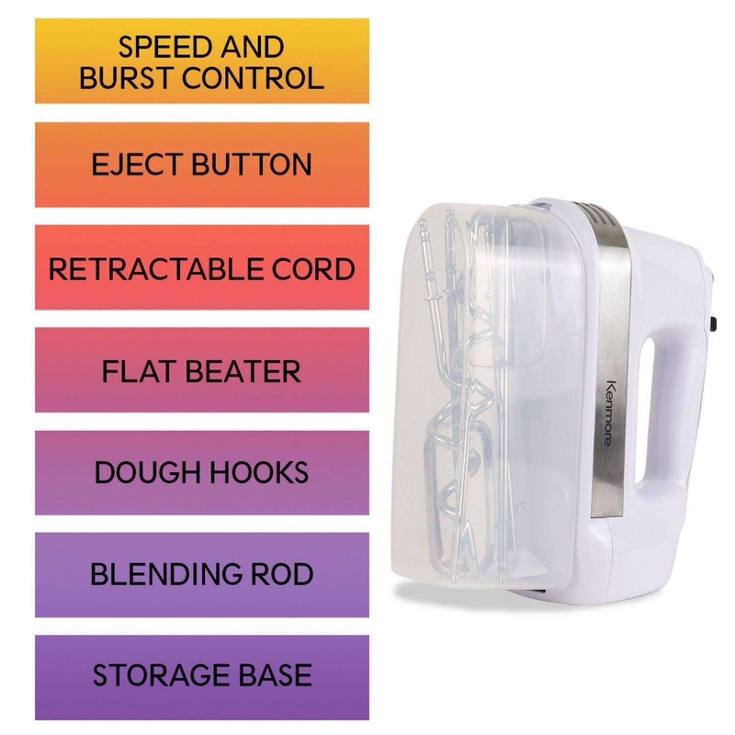 - SPEED AND BURST CONTROL
- EJECT BUTTON
- RETRACTABLE CORD
- FLAT BEATER
- DOUGH HOOKS
- BLENDING ROD
- STORAGE BASE