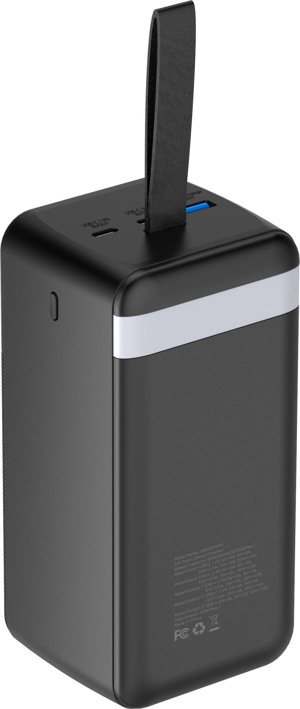 The text on the image reads:

"9D USB-C TUOUR USBC3 HHAIC CaGe TE UES0072PO 50000mAh/185Wh (Polymer) Name: Lithium 50000mAh Model Type: POSVHA 20V=L5A Capacity 1 PD 15V2A 934 inBe Battery Input Current 5A Rated 12V2 2 PO 15V2A 934 tnout USB-C 20V=15A Rated 12V-25 USB-C PO 252 0034 Output 1 12V-254 PO 534 20V-15A 12Vm154 Rated USB-A Output 30W (Rated 15W) Rated Output Totac in China Made FC."