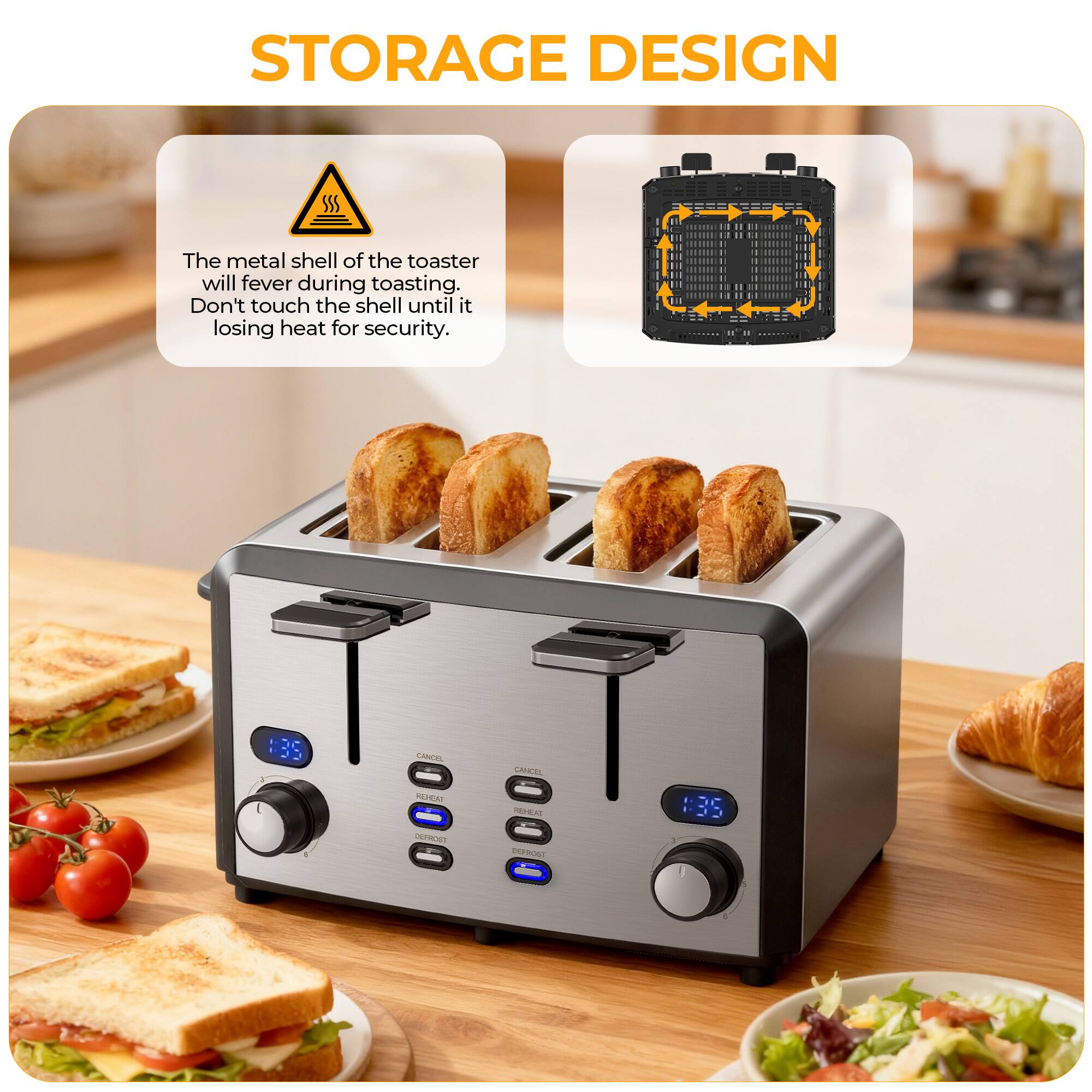 STORAGE DESIGN

The metal shell of the toaster will fever during toasting. Don't touch the shell until it losing heat for security.