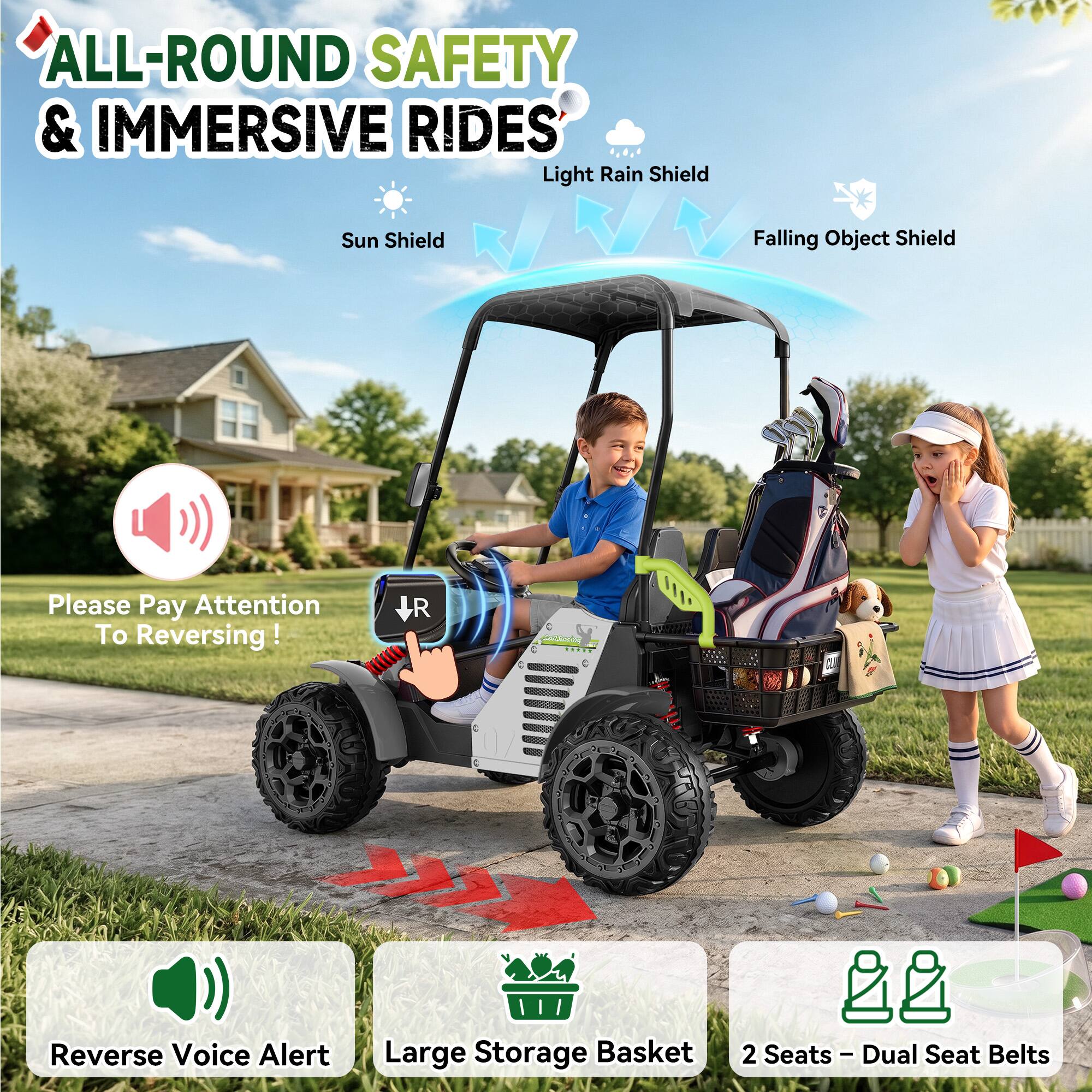 ALL-ROUND SAFETY & IMMERSIVE RIDES

- Light Rain Shield
- Sun Shield
- Falling Object Shield

Please Pay Attention To Reversing!

- Reverse Voice Alert
- Large Storage Basket
- 2 Seats - Dual Seat Belts