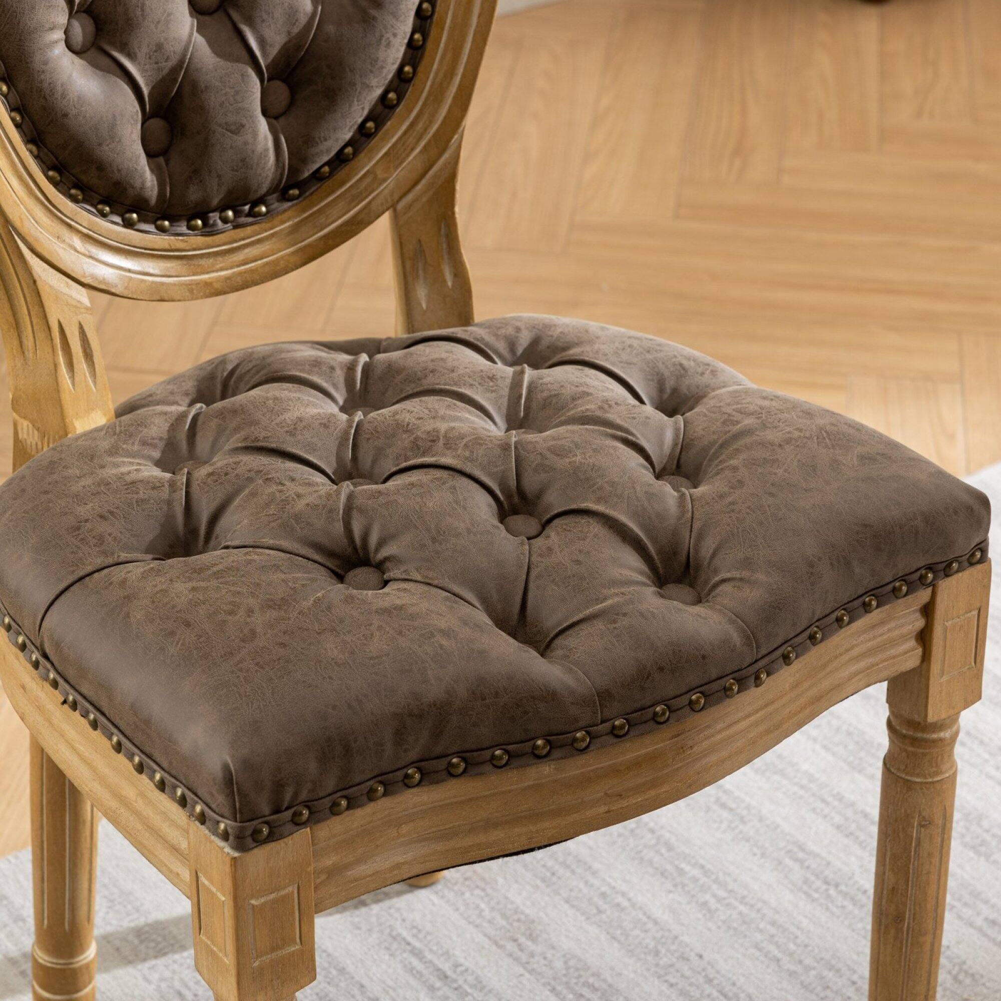 Alt View 7. GOODSILO - French Style Solid Wood Frame Antique Dining Chairs with Hand-Pulled Buckle Decoration and Nailhead Trim, Set of 2 - Brown.