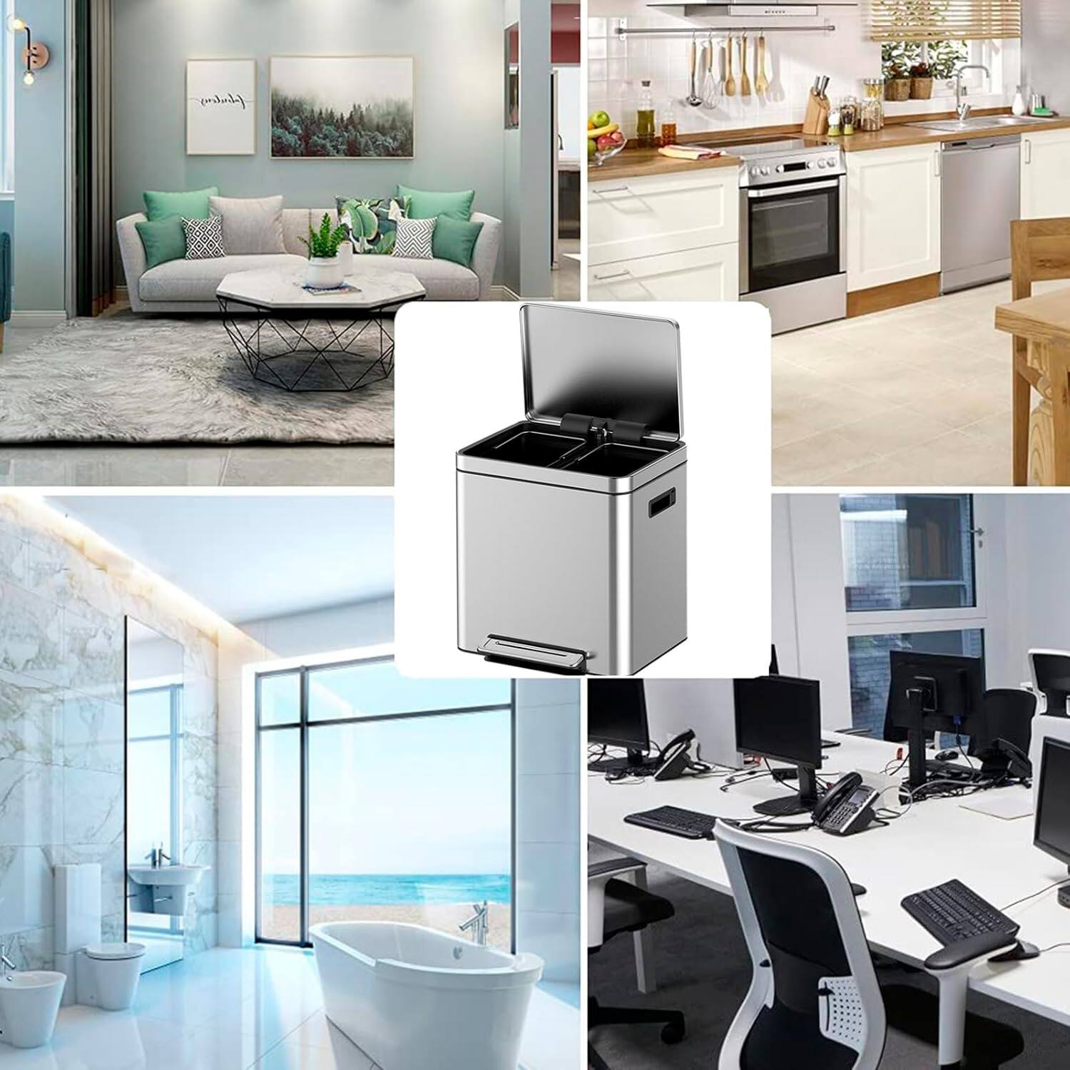 Alt View 2. Homhougo - 30 L/8 gal Dual Trash Can, Rectangular Waste Basket with Metal Lid & Step Foot Pedal - Silver.