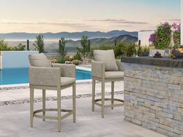 PURPLE LEAF - Outdoor Counter Height Stool Set of 2 Aluminum Modern Olefin Barstools with Backrest Pillow for Garden Balcony Lawn - Champagne & Square Base-Counter Stool