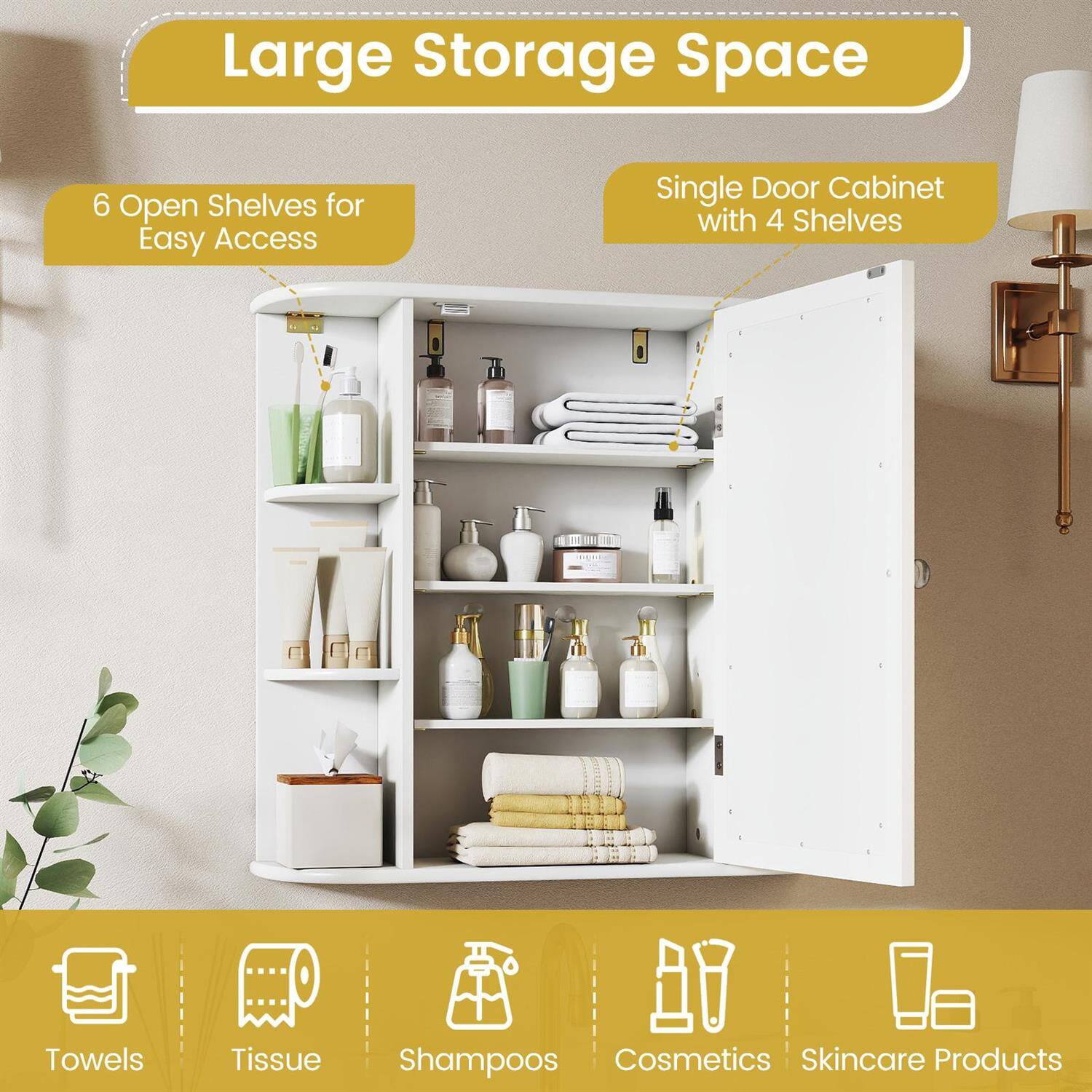 Large Storage Space  
6 Open Shelves for Easy Access  
Single Door Cabinet with 4 Shelves  

Towels  
Tissue  
Shampoos  
Cosmetics  
Skincare Products