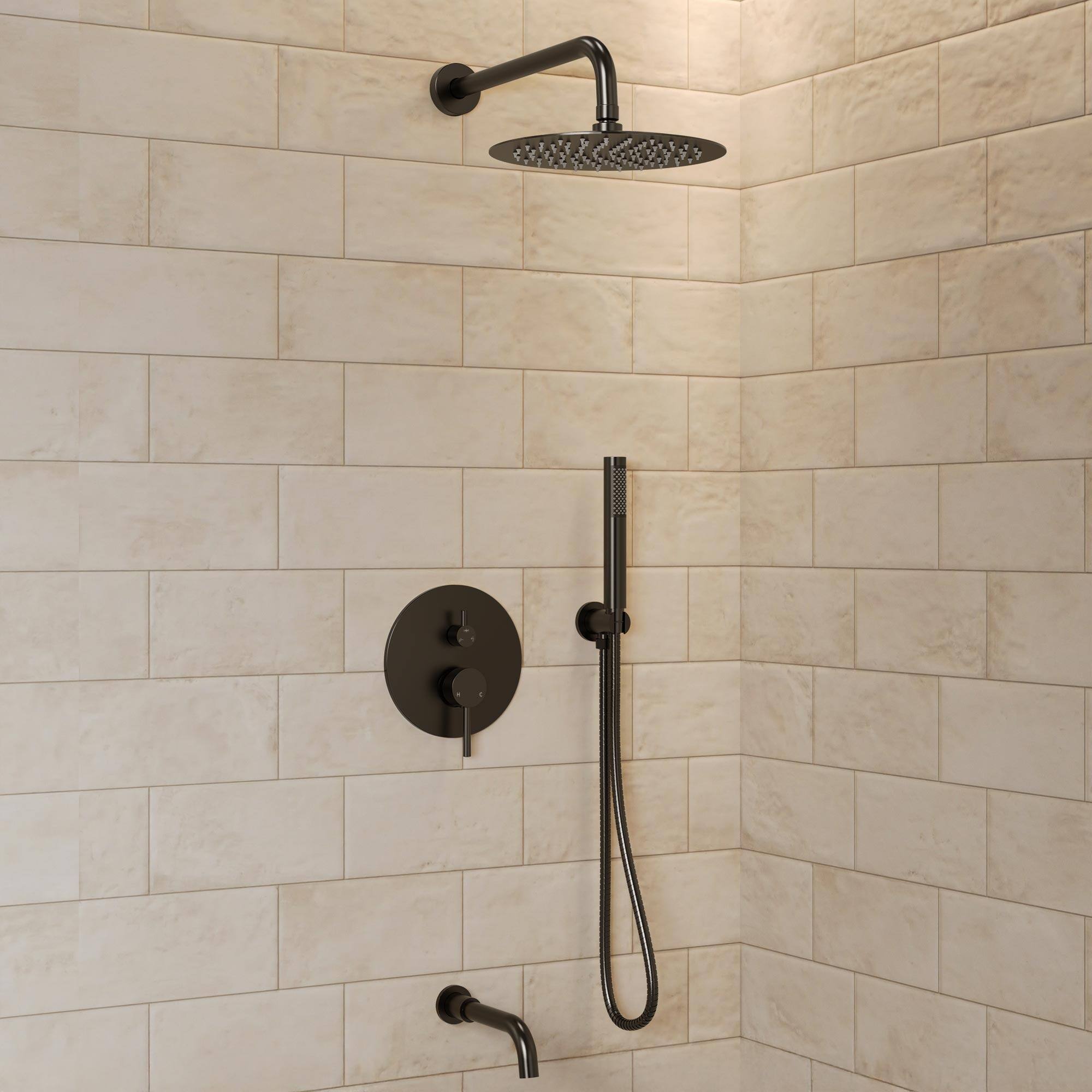Angle. GRANDJOY - 3‑in‑1 Shower Faucet System with 10" Rainfall Shower Head, Handheld Sprayer, and Tub Spout for Modern Bathroom - Matte Black.