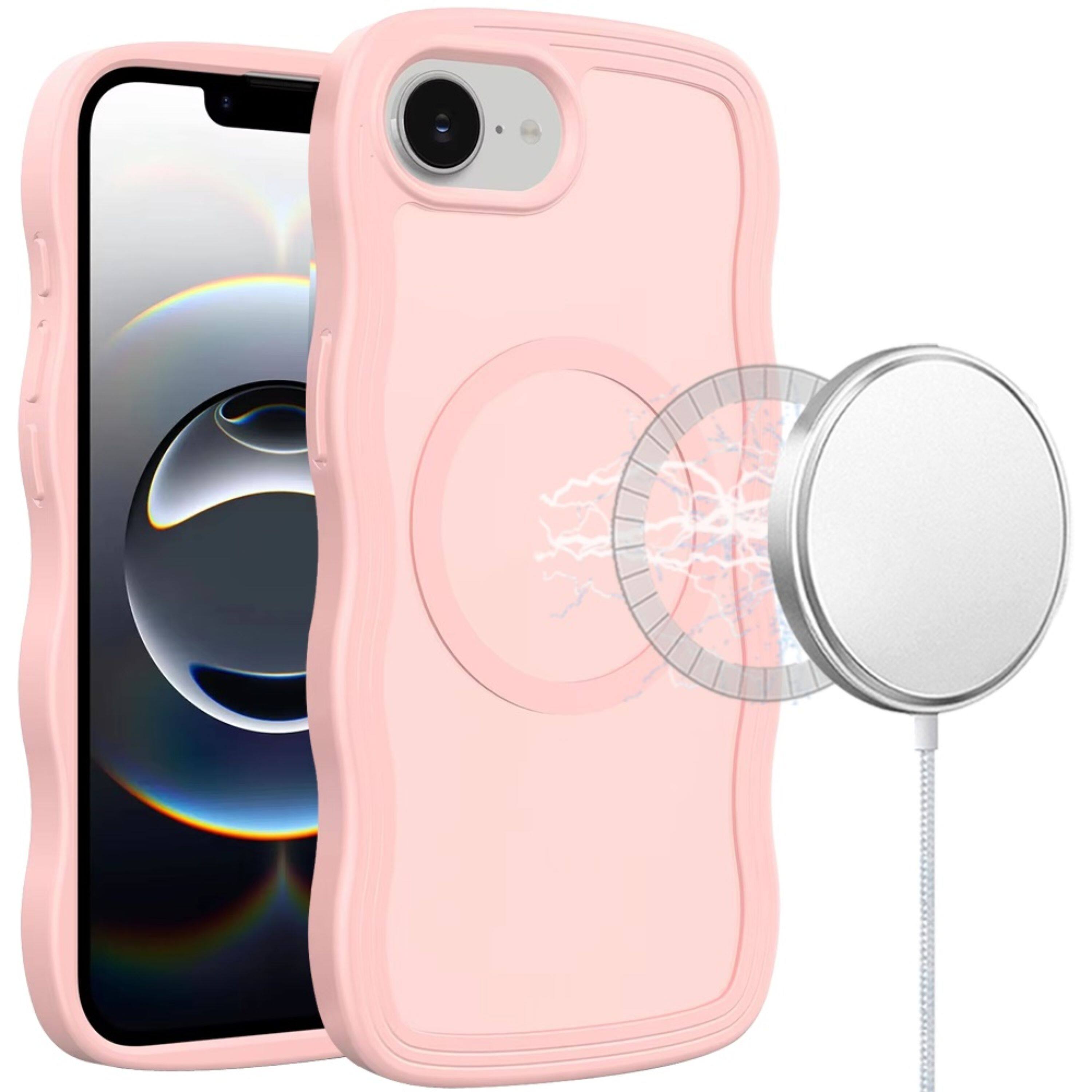 Front. Kitcheniva - Wavy Side Grip Magnetic Circle Phone Case With Tempered Glass For iPhone 16e/17e Pink - Pink.