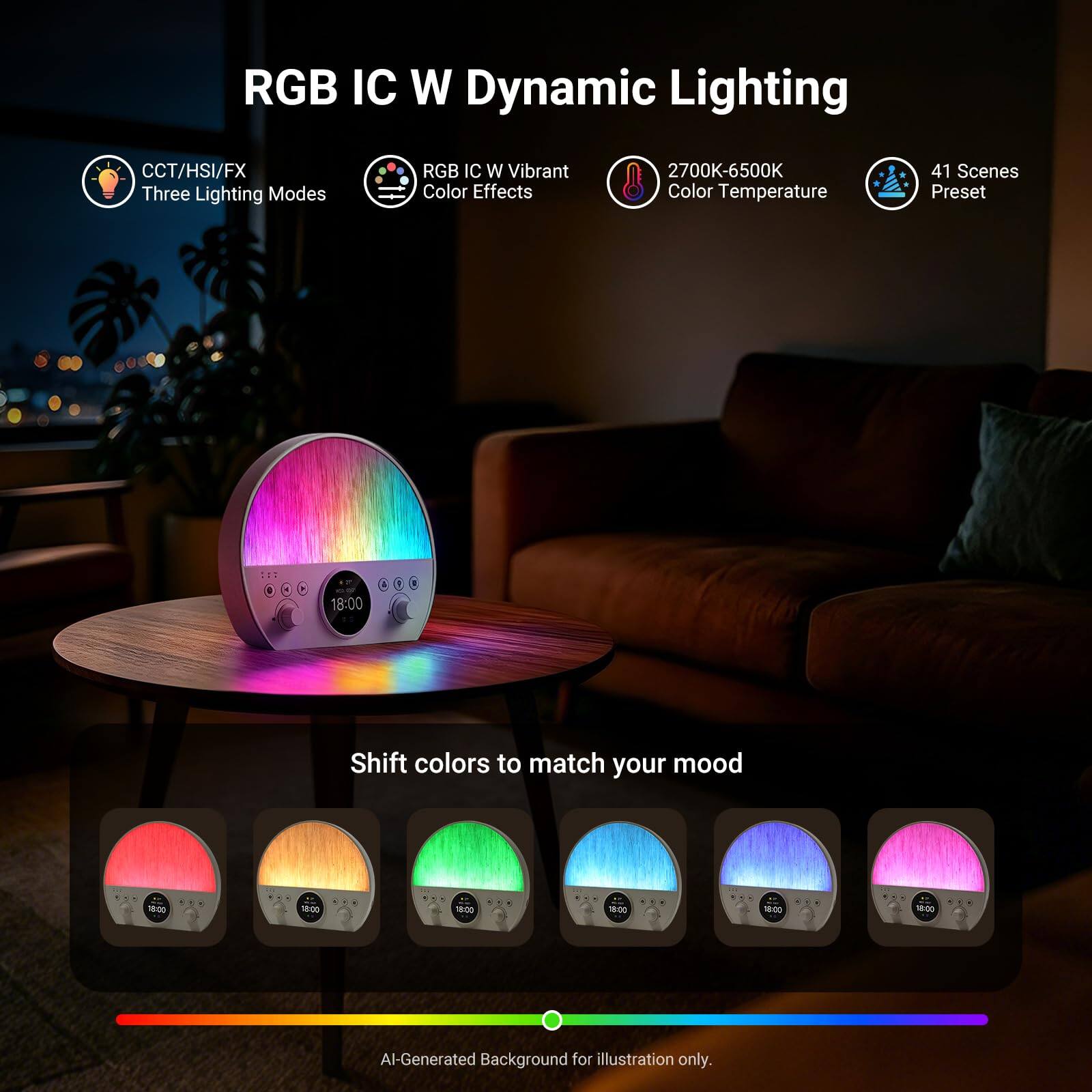 RGB IC W Dynamic Lighting  
CCT/HSI/FX Three Lighting Modes  
RGB IC W Vibrant Color Effects  
2700K-6500K Color Temperature  
41 Scenes Preset  

Shift colors to match your mood  

AI-Generated Background for illustration only.