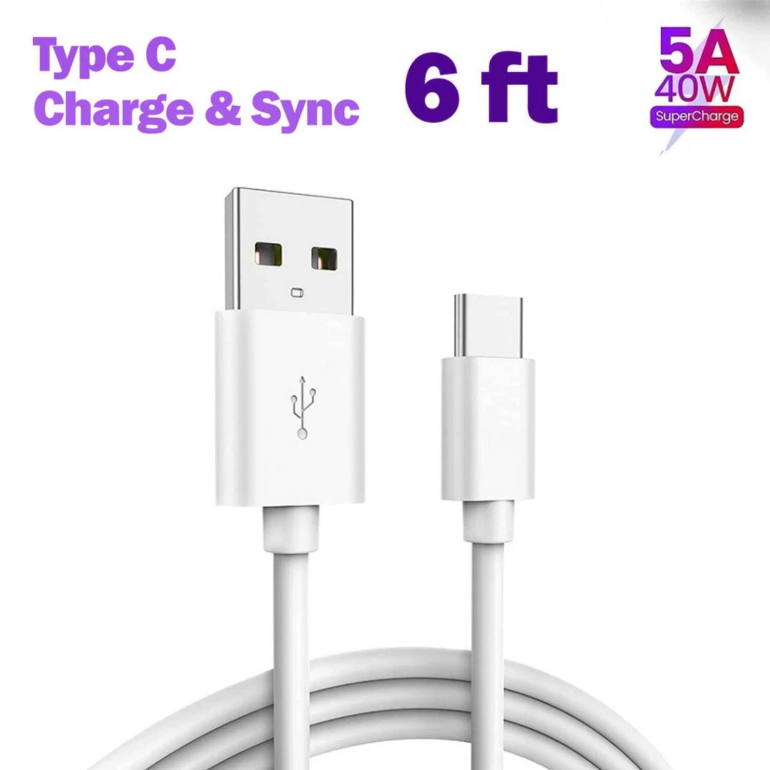 Type C  
Charge & Sync  
6 ft  
5A 40W  
SuperCharge