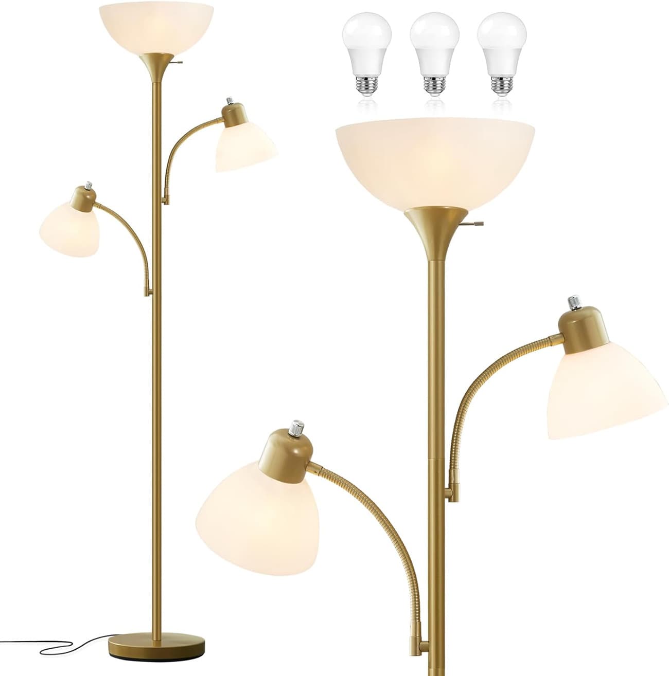 Alt View 4. FINEAK - 72" Modern Torchiere Floor Lamp - Gold&White Tall Standing Lamp with 8W Adjustable Reading Lights with Included Bulbs - Gold.