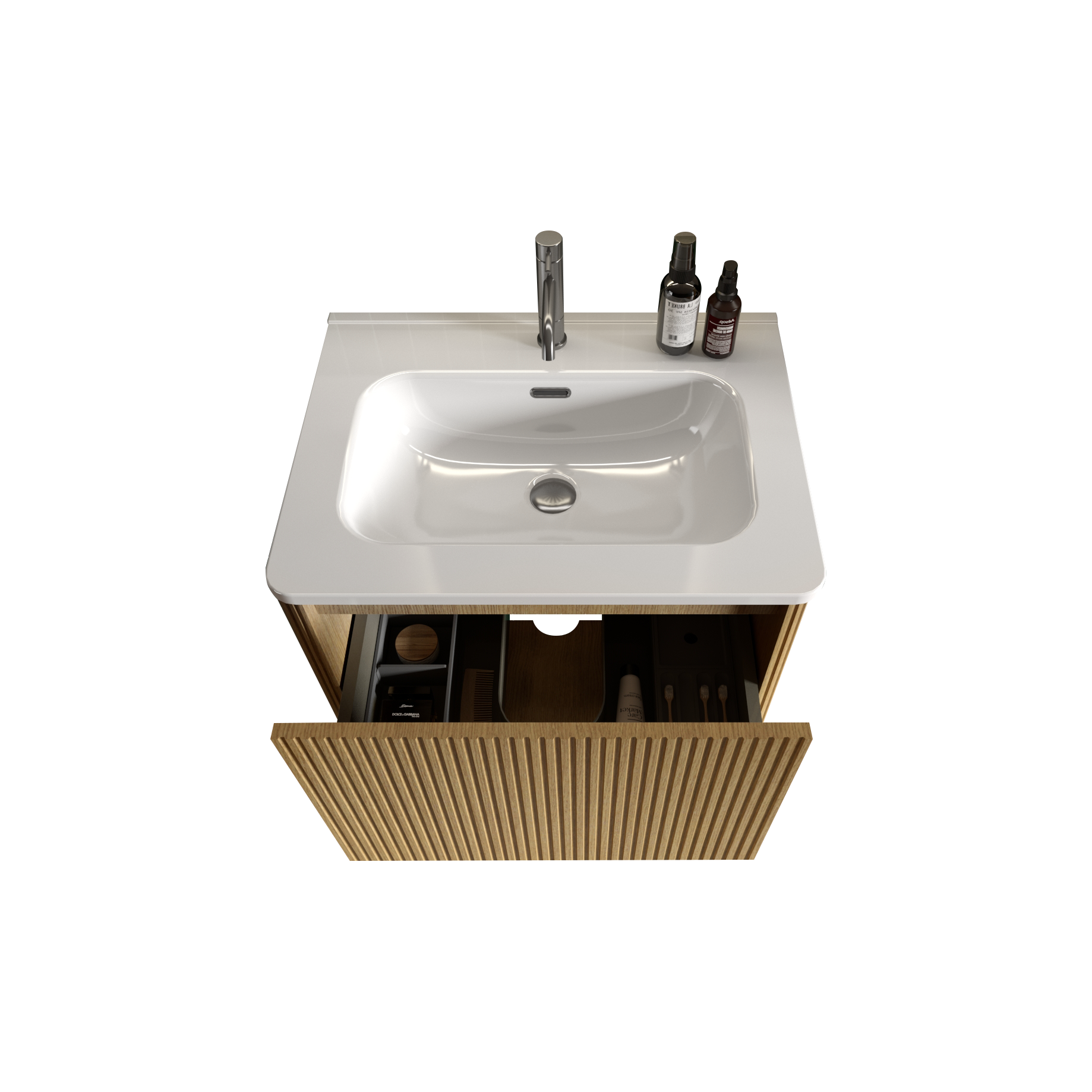 Alt View 5. Boyel Living - 24 Inch Striped Natural Oak Wall Mounted Floating Bathroom Vanity with White Ceramic Sink, Modern Style, Pre-Assembled - White+Oak.