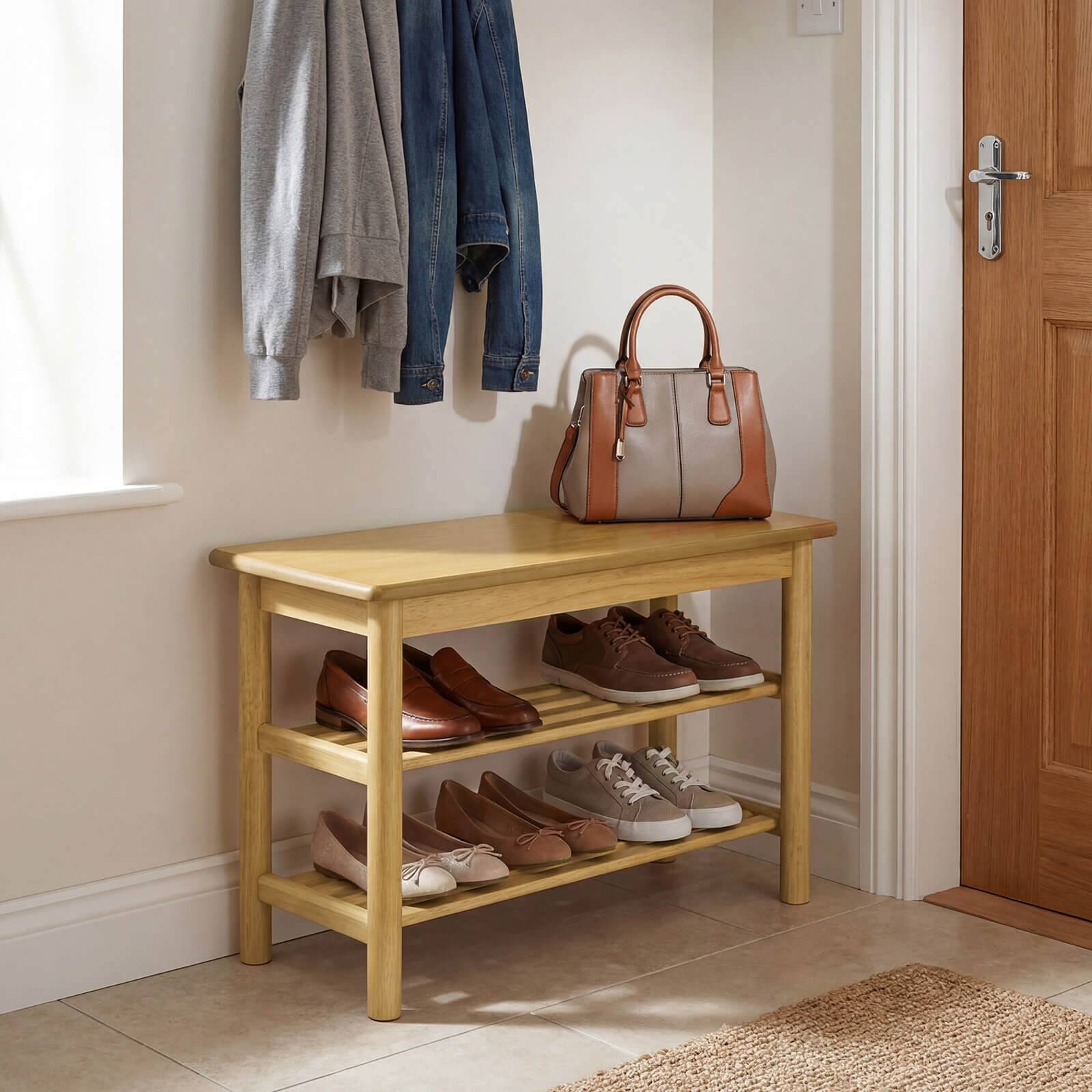 Alt View 4. Costway - Costway Shoe Rack Bench,3-Tier Rubberwood Freestanding Shoe Changing Bench with Slat Shelve - Natural.