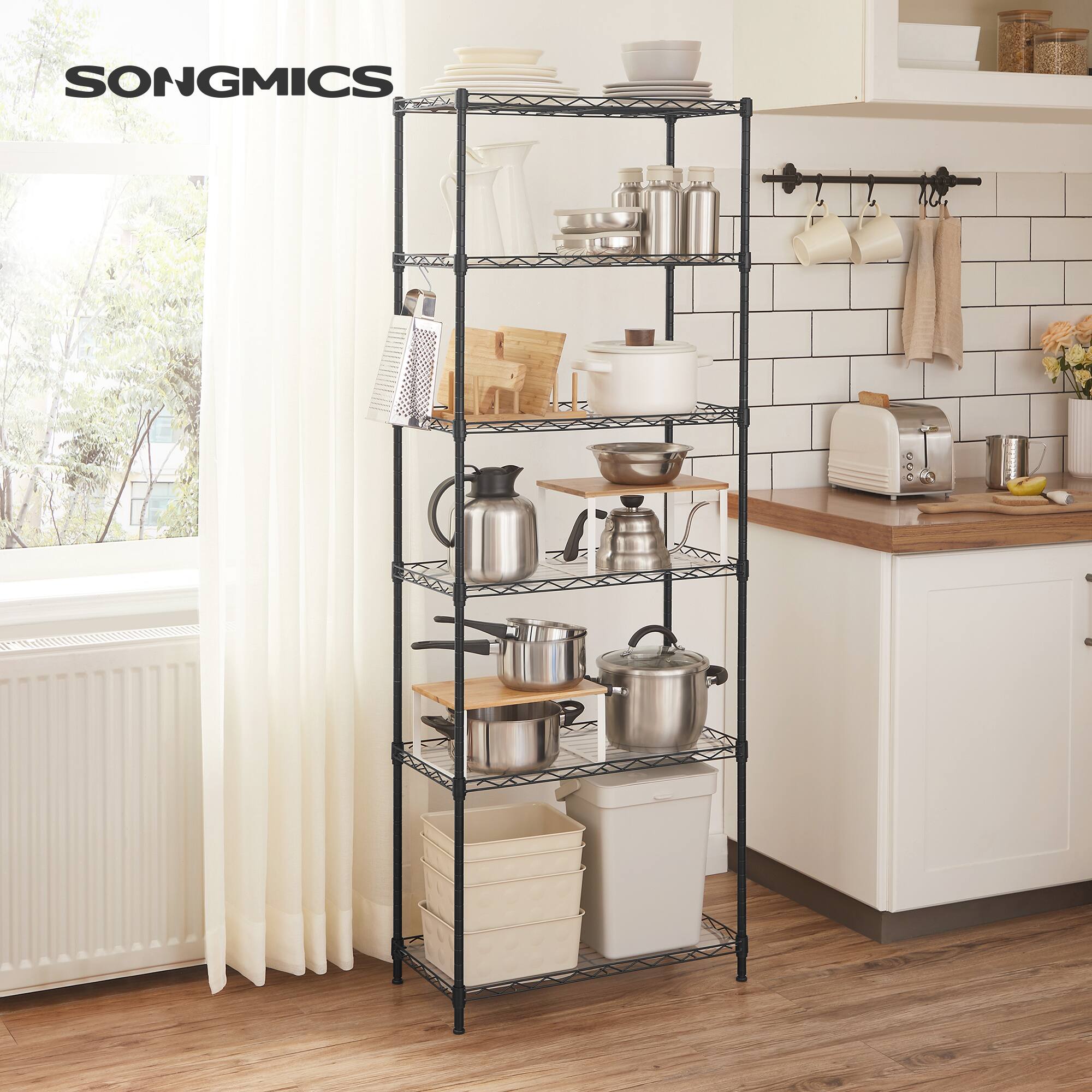 Angle. Songmics Home - 6-Tier Storage Shelves, Wire Shelving Unit, Storage Rack with Adjustable Shelves, Shelf Liners, 8 Hooks, for Garage - Black.