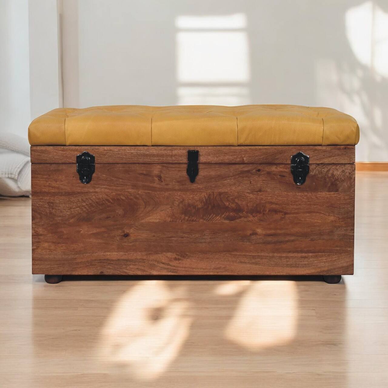 Angle. Artisan Furniture - Artisan Furniture Solid Wood Buffalo Hide Honey Caramel Storage Trunk, Upholstered, Brown - Brown.