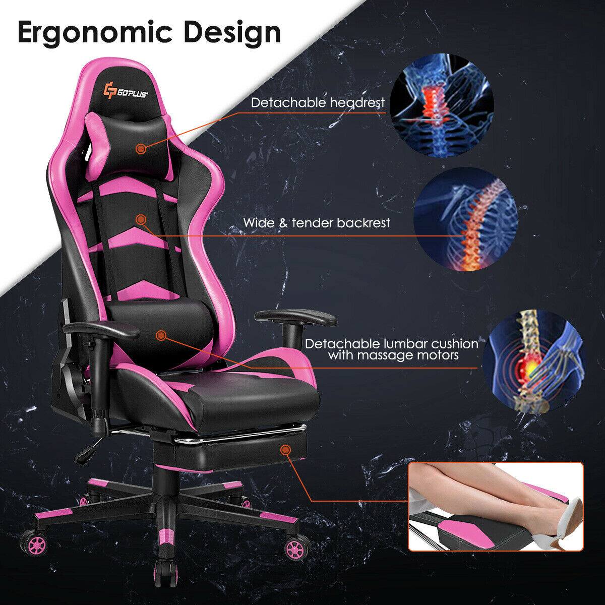 Ergonomic Design

- Detachable headrest
- Wide & tender backrest
- Detachable lumbar cushion with massage motors