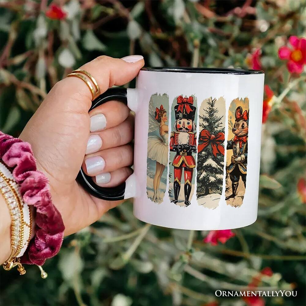 Left. OrnamentallyYou - Ballet and Nutcracker Christmas Mug, Coquette Bow and Mouse Vintage Holiday Gift - White.