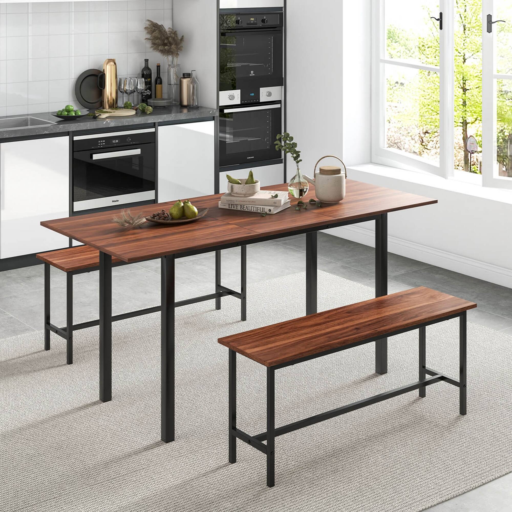 Angle. Costway - 3 Piece Dining Table Set for 4-6  63"Kitchen Table with 2 Benches Metal Frame Walnut - Walnut.