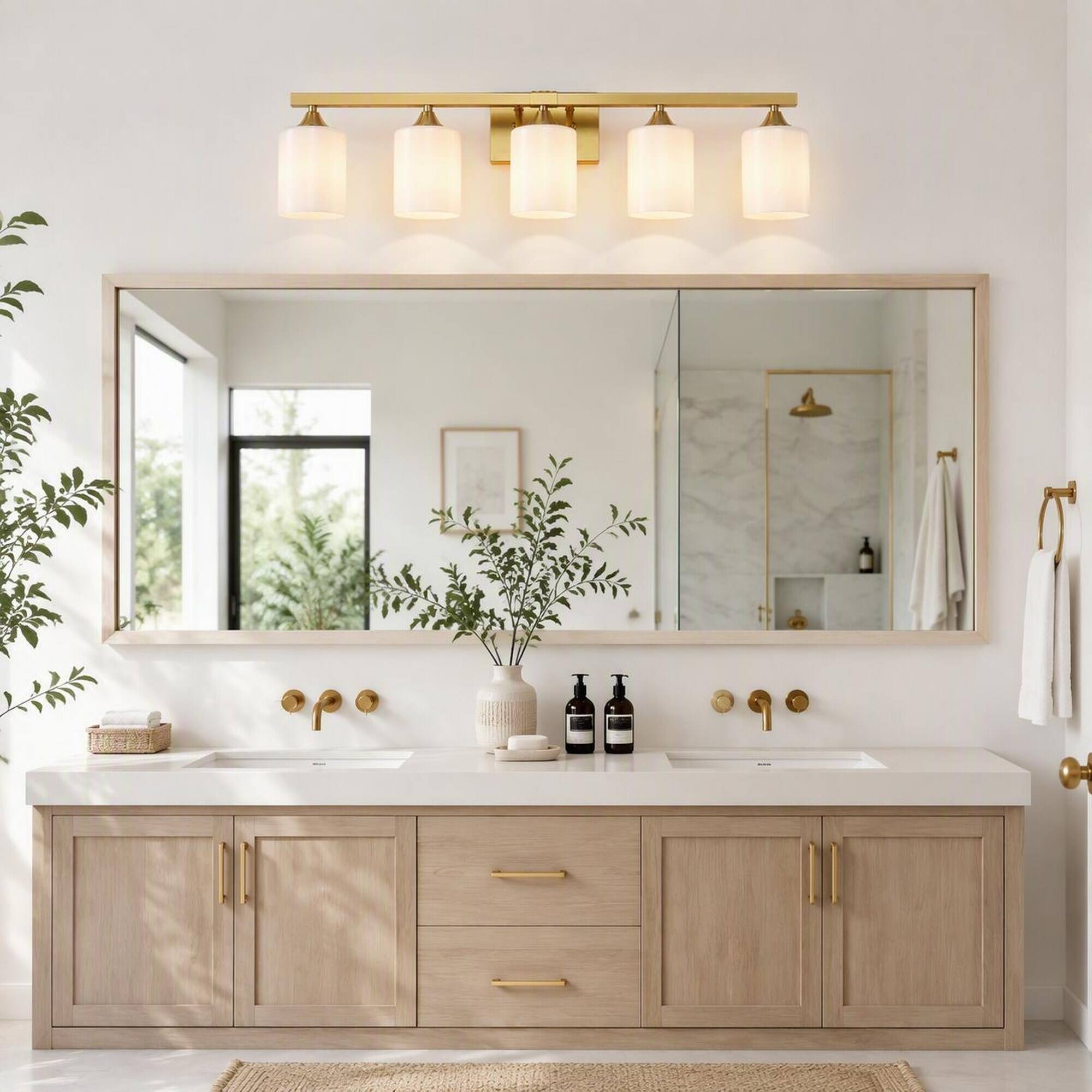 Left. RYHNUYNE - 5-Light Brushed Gold Vanity Light Bar with Frosted Glass Shades for Bathroom, Bedroom, and Hallway.