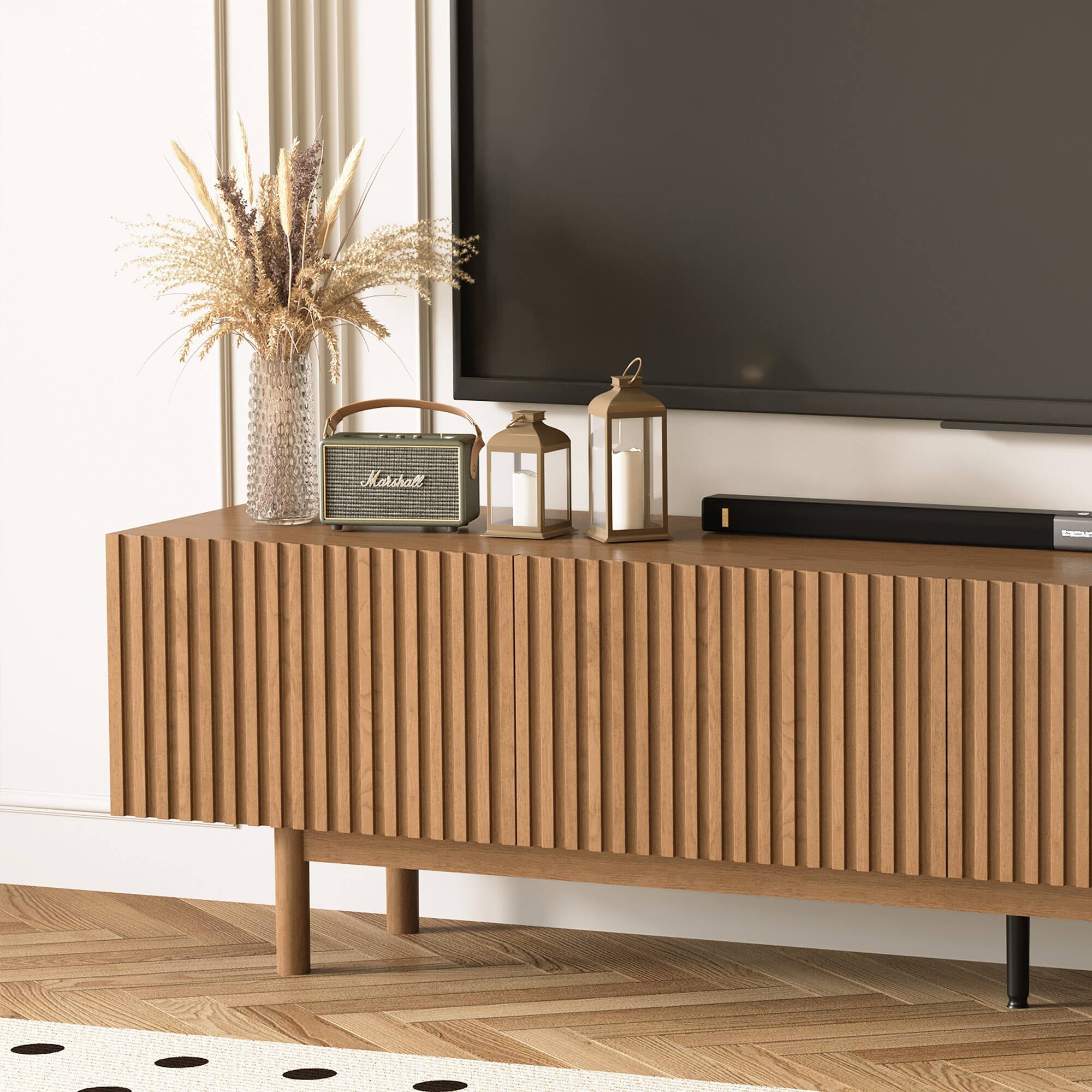 Alt View 1. luck idea - Farmhouse Style 86.61" Fluted Media Console TV Stand with Layered Storage, Removable Shelves & Solid Wood Legs - Walnut Color.