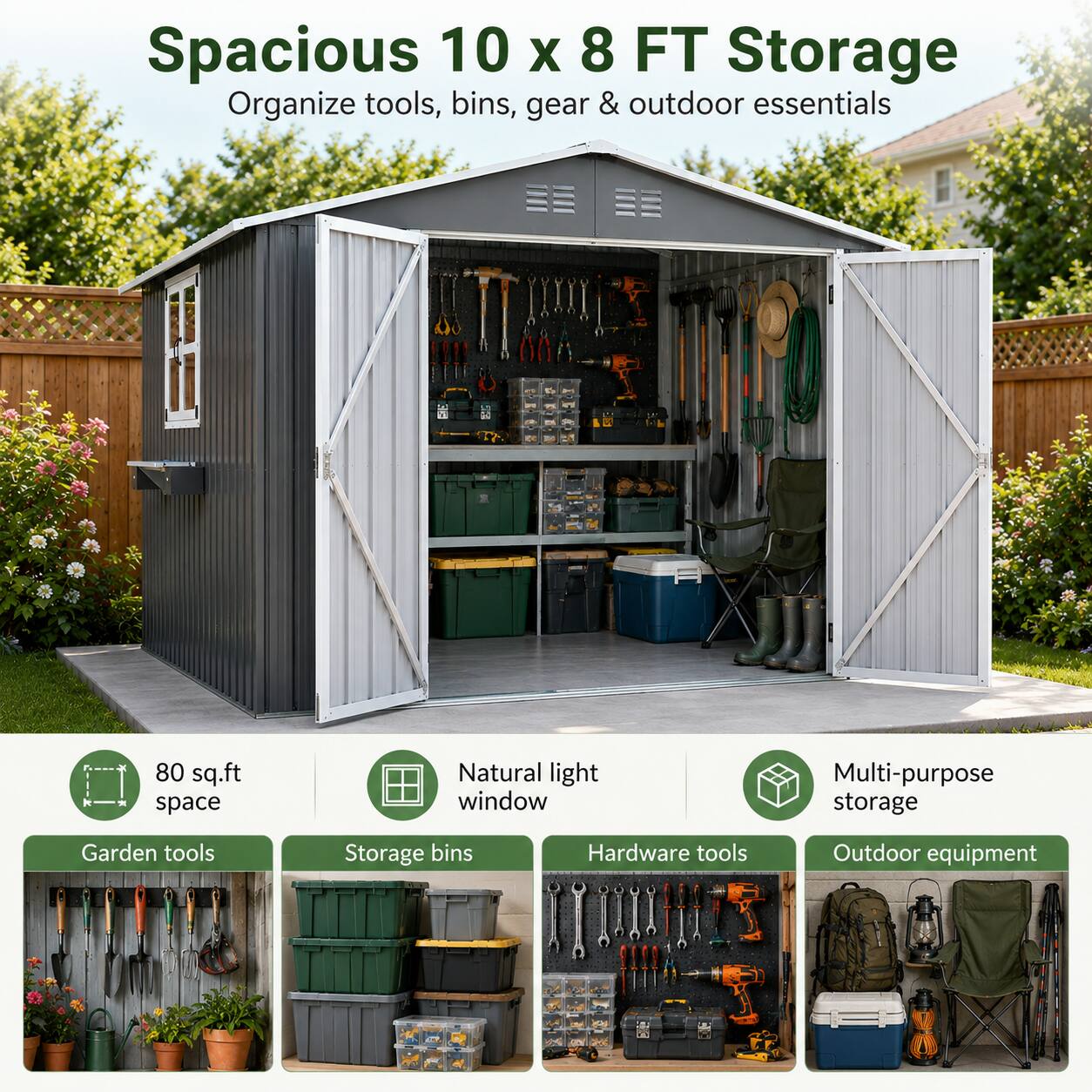 Spacious 10 x 8 FT Storage  
Organize tools, bins, gear & outdoor essentials  

- 80 sq.ft space  
- Natural light window  
- Multi-purpose storage  

Garden tools  
Storage bins  
Hardware tools  
Outdoor equipment