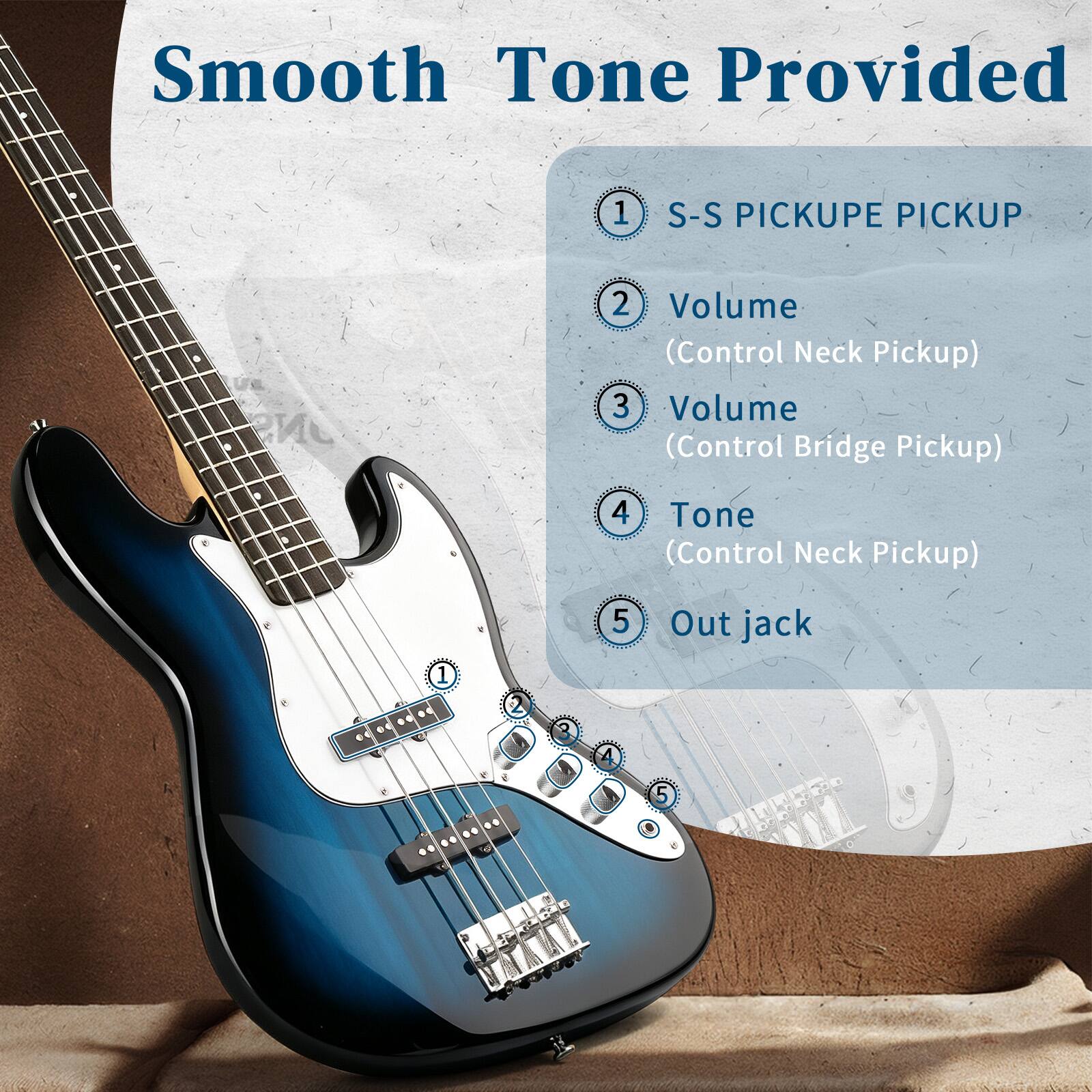 Smooth Tone Provided

1. S-S PICKUPE PICKUP
2. Volume (Control Neck Pickup)
3. Volume (Control Bridge Pickup)
4. Tone (Control Neck Pickup)
5. Out jack
