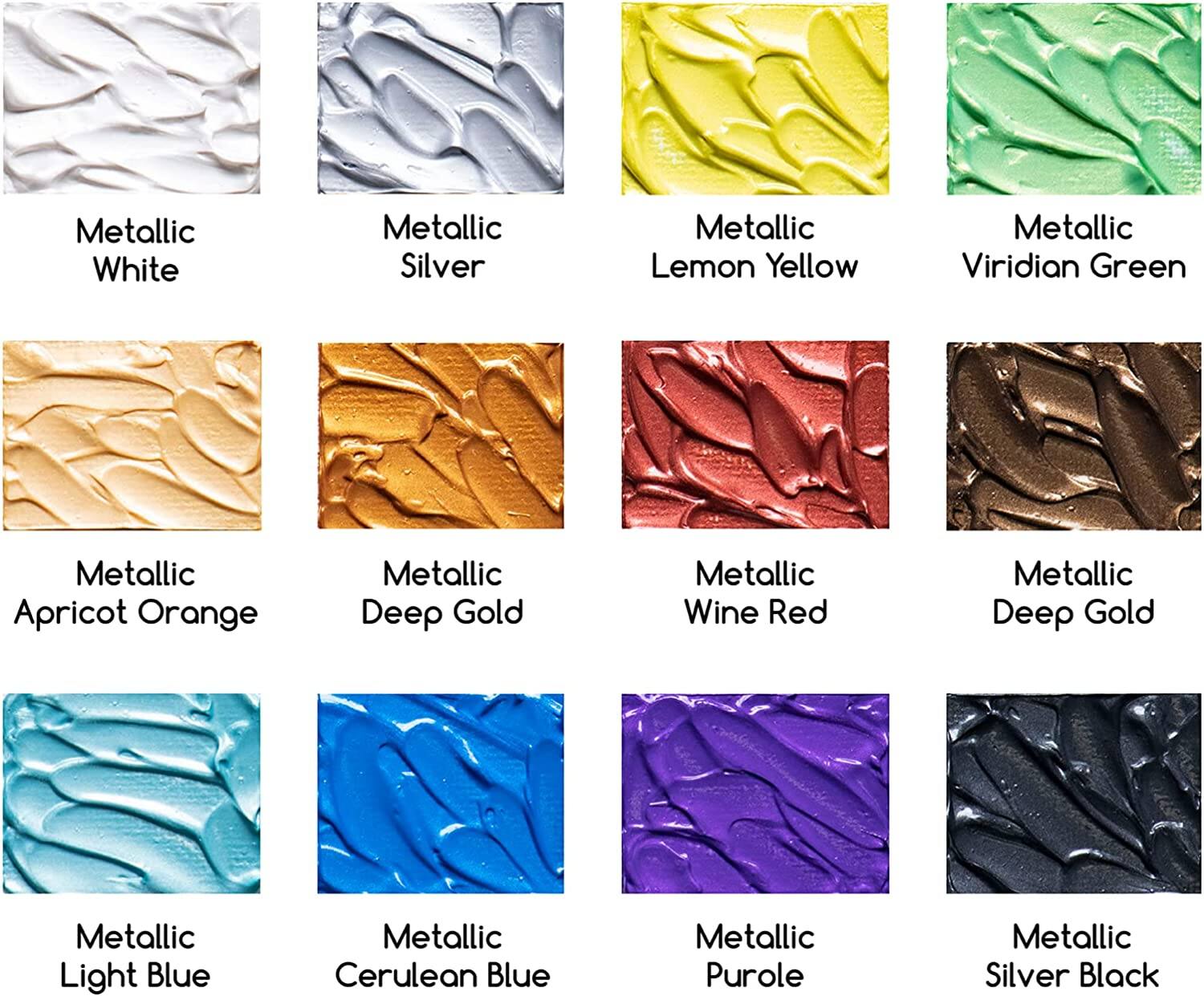 Metallic White  
Metallic Silver  
Metallic Lemon Yellow  
Metallic Viridian Green  
Metallic Apricot Orange  
Metallic Deep Gold  
Metallic Wine Red  
Metallic Deep Gold  
Metallic Light Blue  
Metallic Cerulean Blue  
Metallic Purple  
Metallic Silver Black
