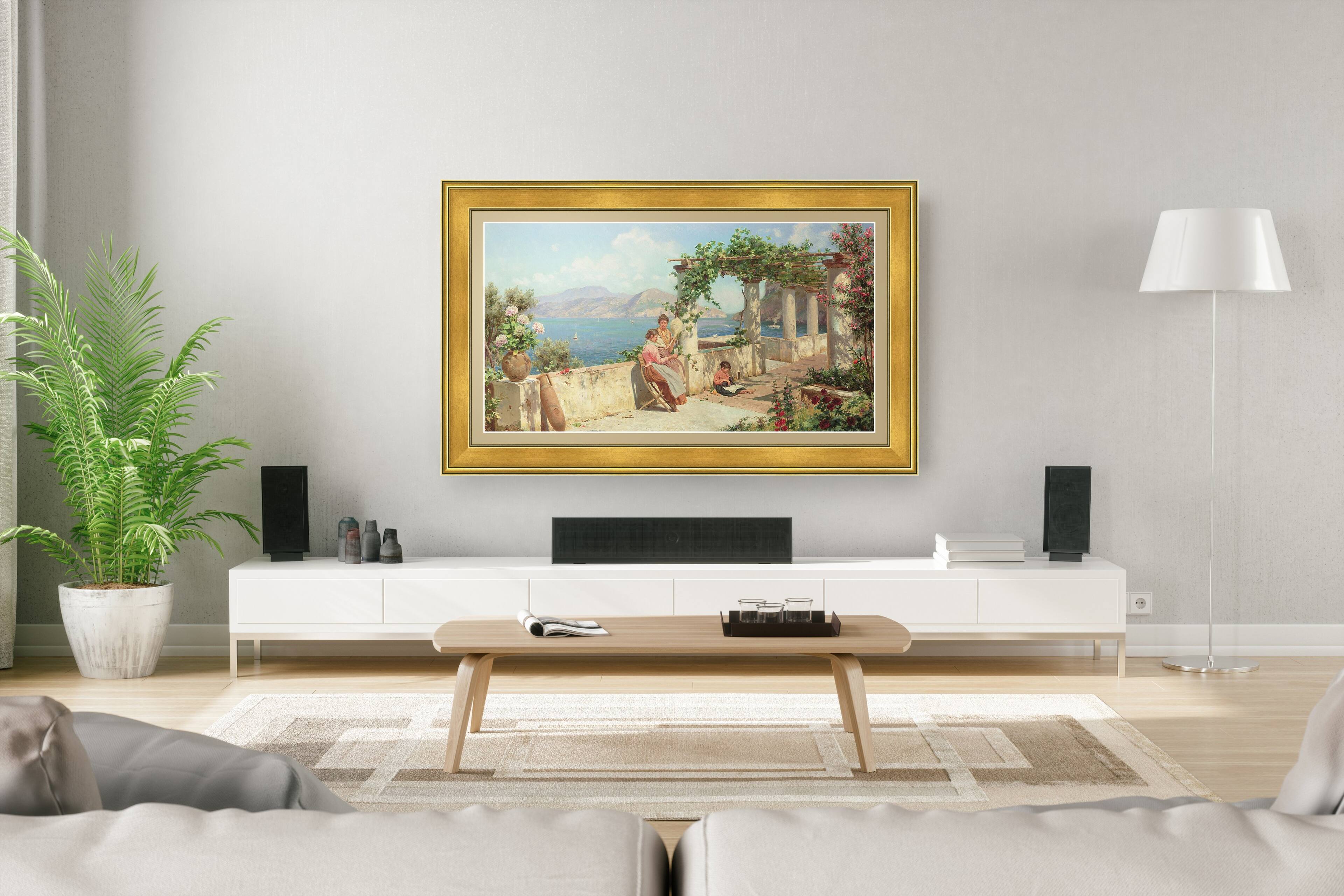 Angle. Deco TV Frames - Premiere Bezel for Samsung the Frame TV - 75" - Antique Gold.