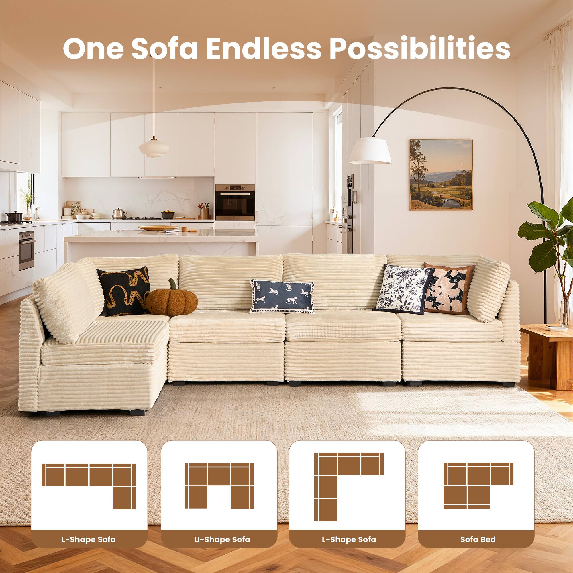 Ovios - 130.7" Modular Sectional Sofa Couch, 5-Seater Plush Corduroy L-Shaped Sofa for Living Room - Beige - Thumbnail 4