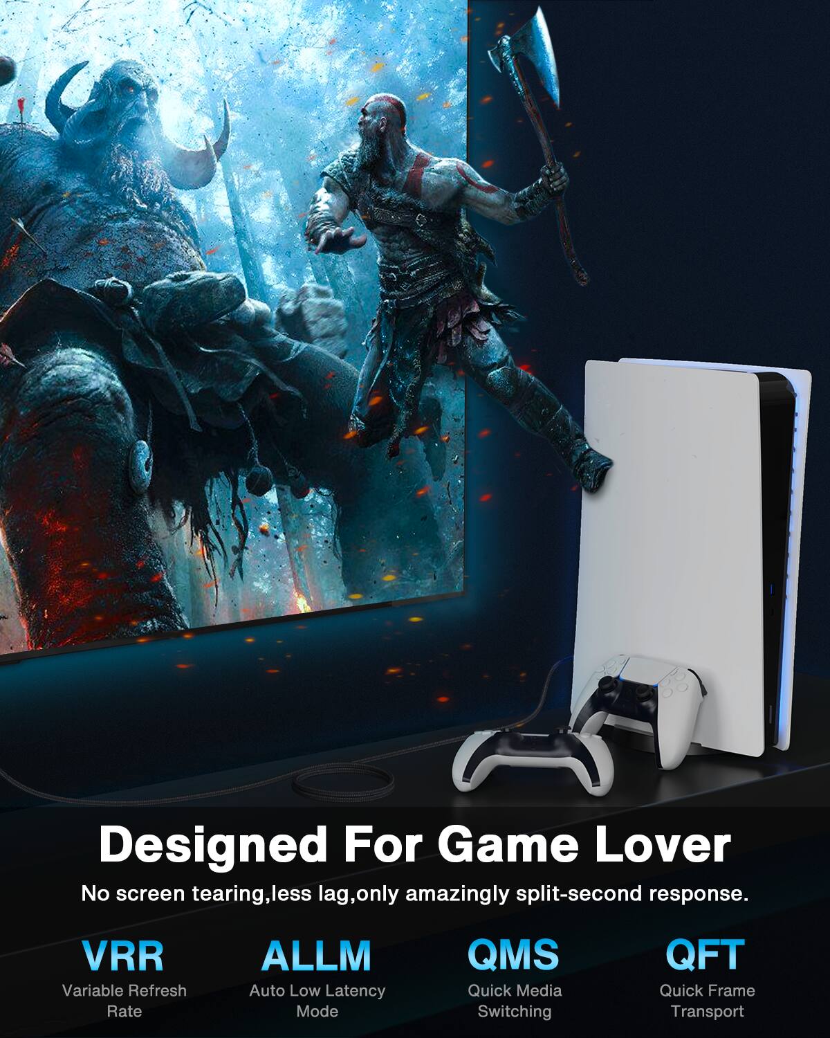 Designed For Game Lover

No screen tearing, less lag, only amazingly split-second response.

VRR  
Variable Refresh Rate

ALLM  
Auto Low Latency Mode

QMS  
Quick Media Switching

QFT  
Quick Frame Transport