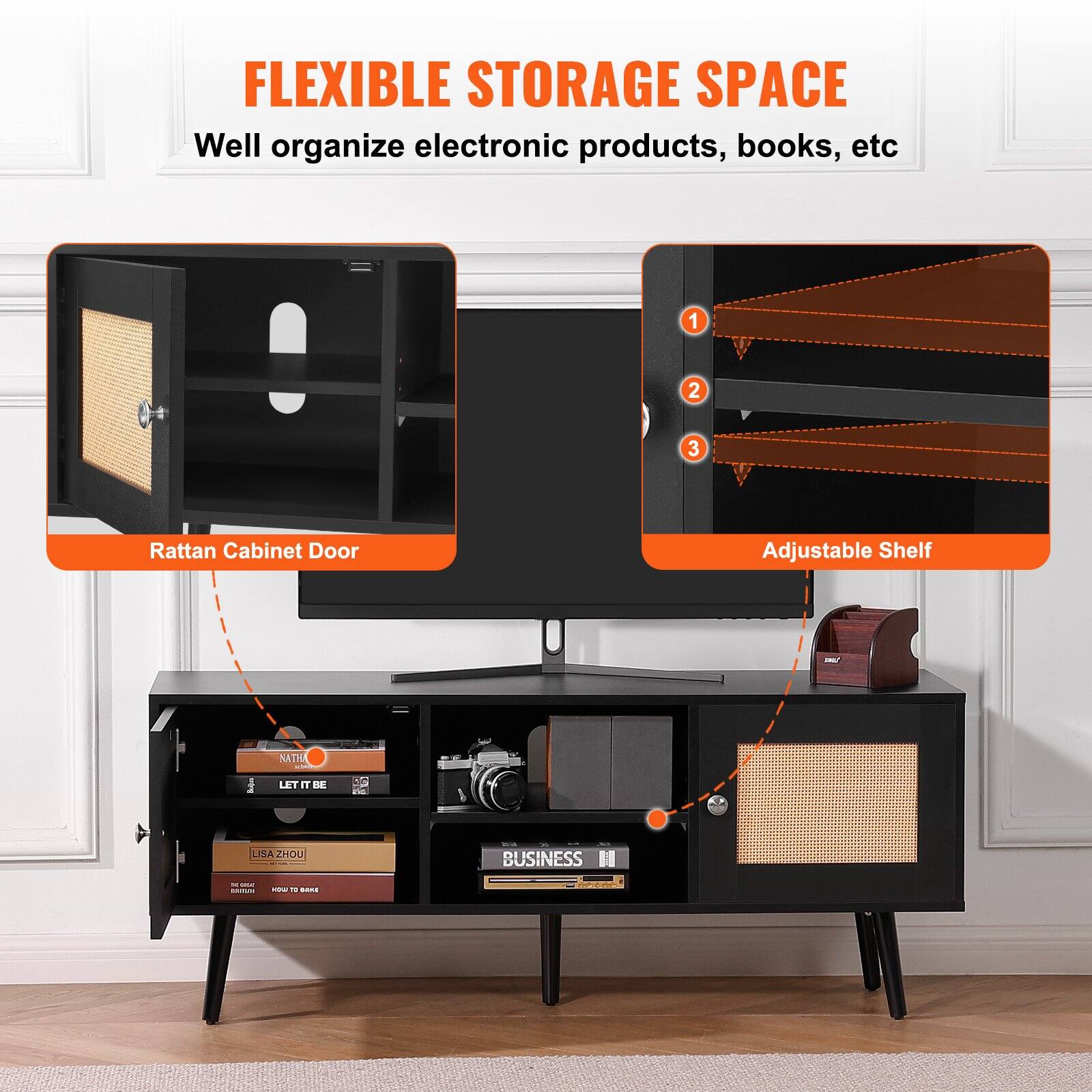 FLEXIBLE STORAGE SPACE  
Well organize electronic products, books, etc  

1. Rattan Cabinet Door  
2. Adjustable Shelf  

NATH  
LET IT BE  

LISA ZHOU  
HOW TO MAKE  

BUSINESS